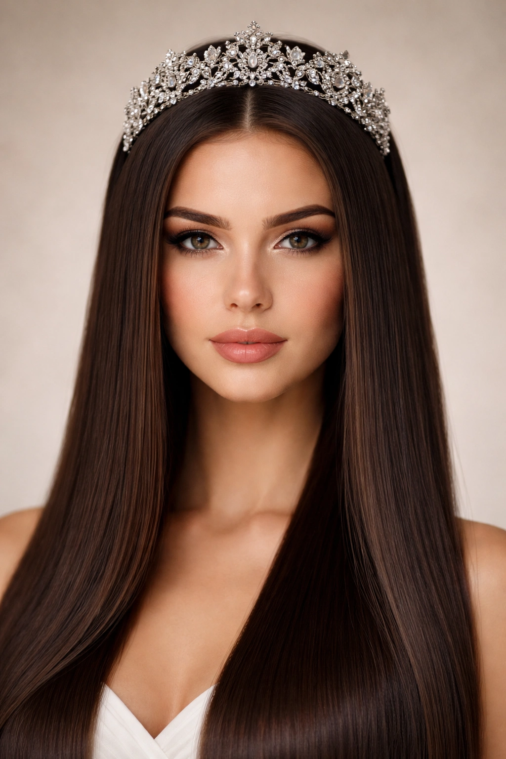 Sleek straight blowout with an elegant tiara perched at the crown