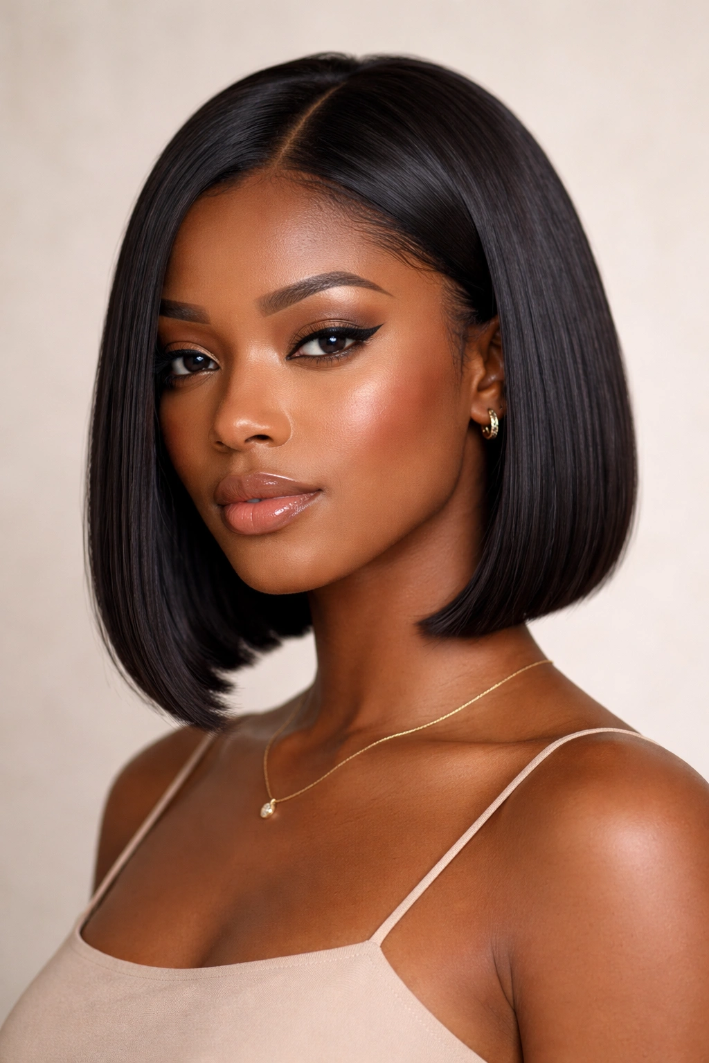 Close-up of a chin-length blunt bob with sleek straight hair