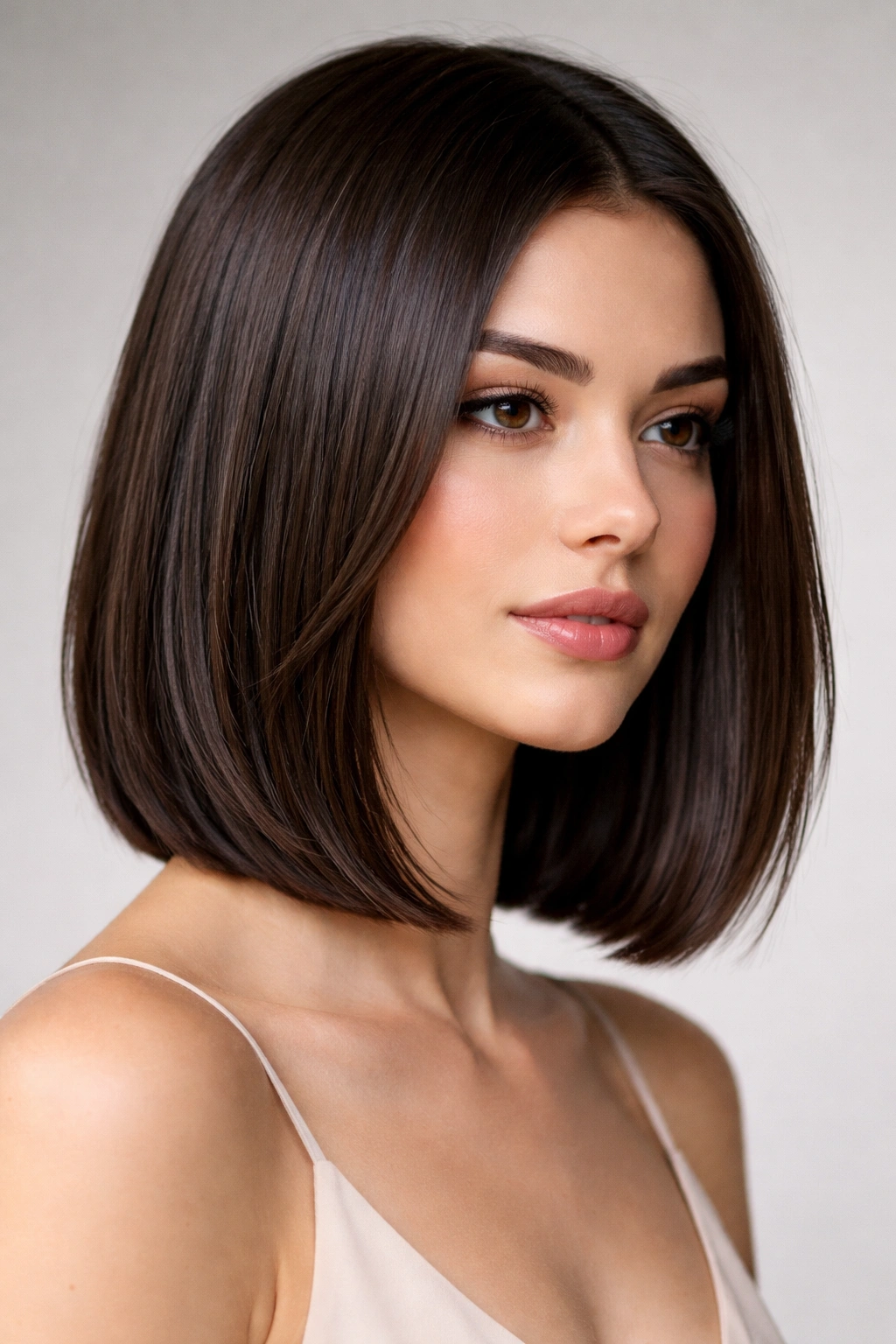 Straight shoulder-length bob with blunt front and hidden internal layers.