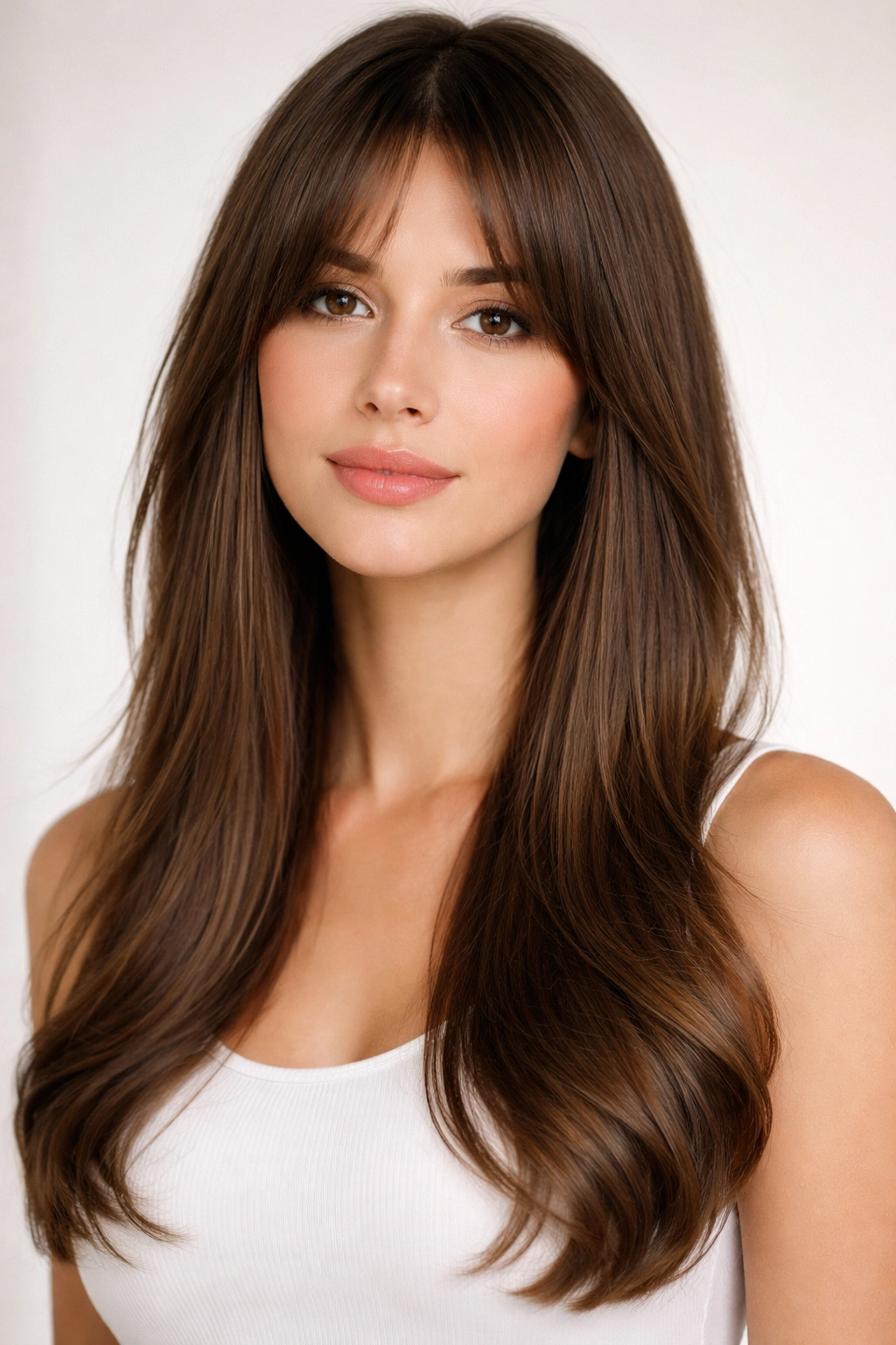 Sleek straight hair with curtain bangs and subtle wave ends