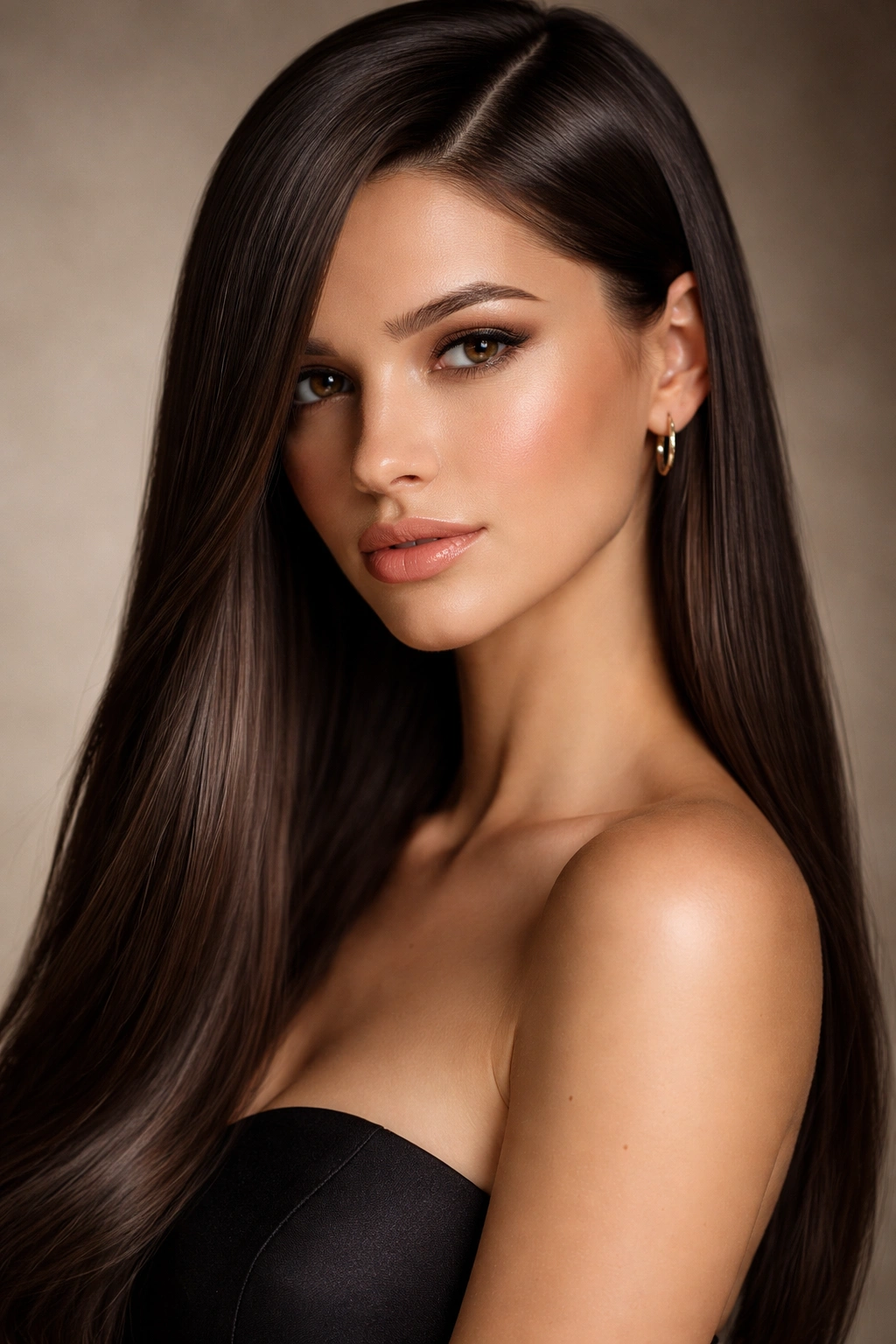 Close-up of glossy straight hair with a deep side part framing the face