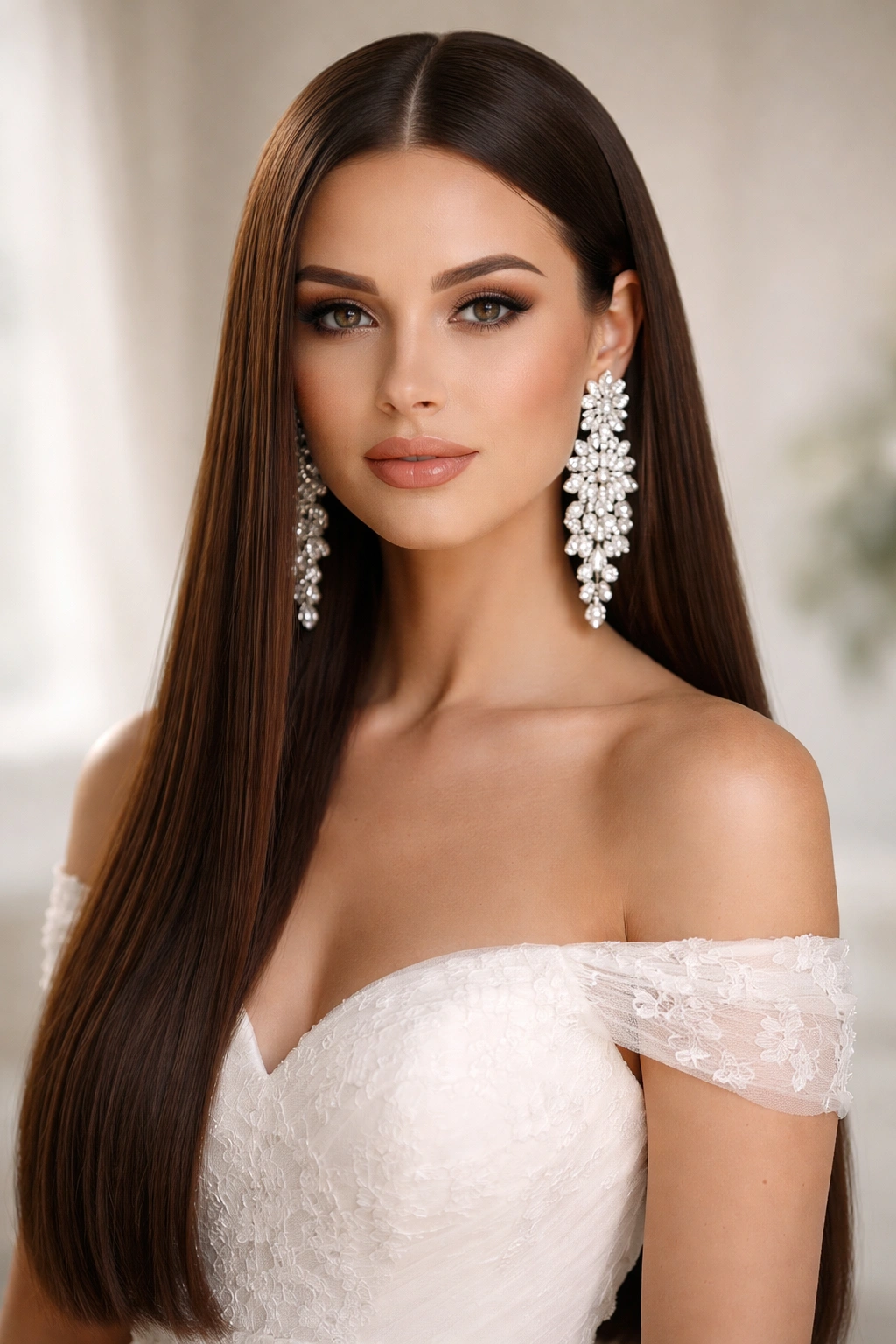 Bridal hair with sleek straight strands and bold earrings