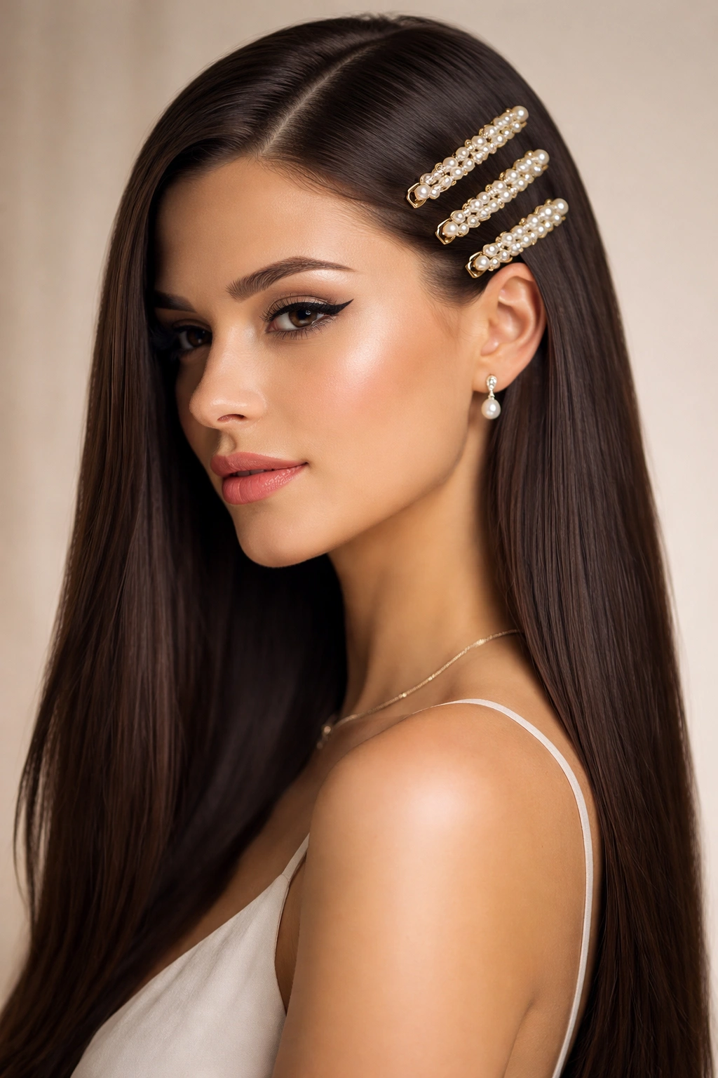 Close-up of sleek straight hair with pearl clips on one side