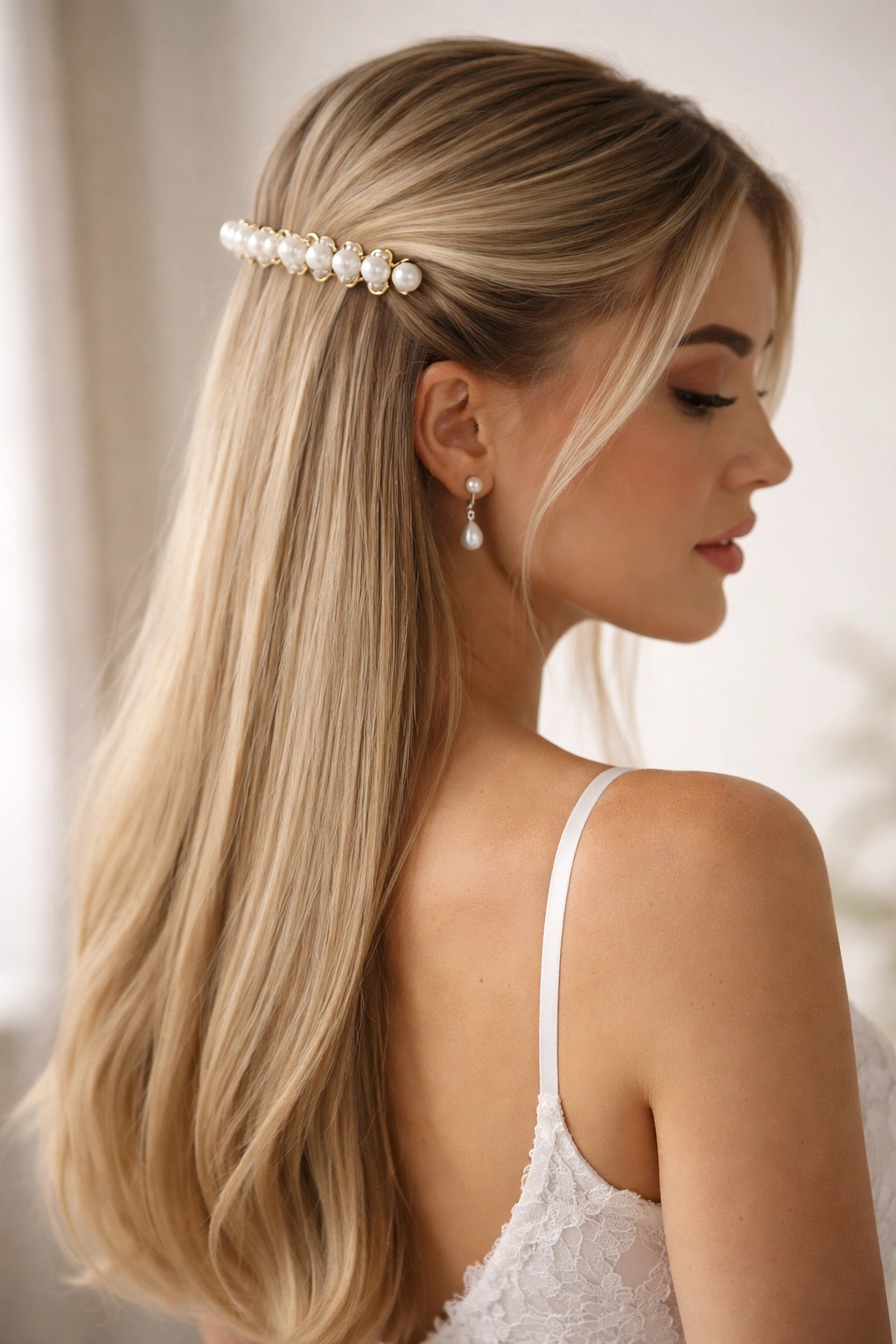 Sleek straight hair with pearl clip in half-up