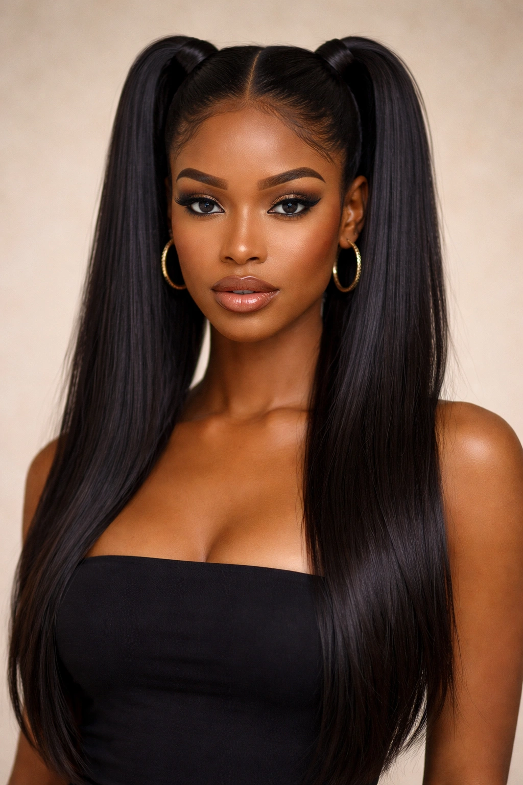 Adult-edition sleek straight pigtails with crown volume