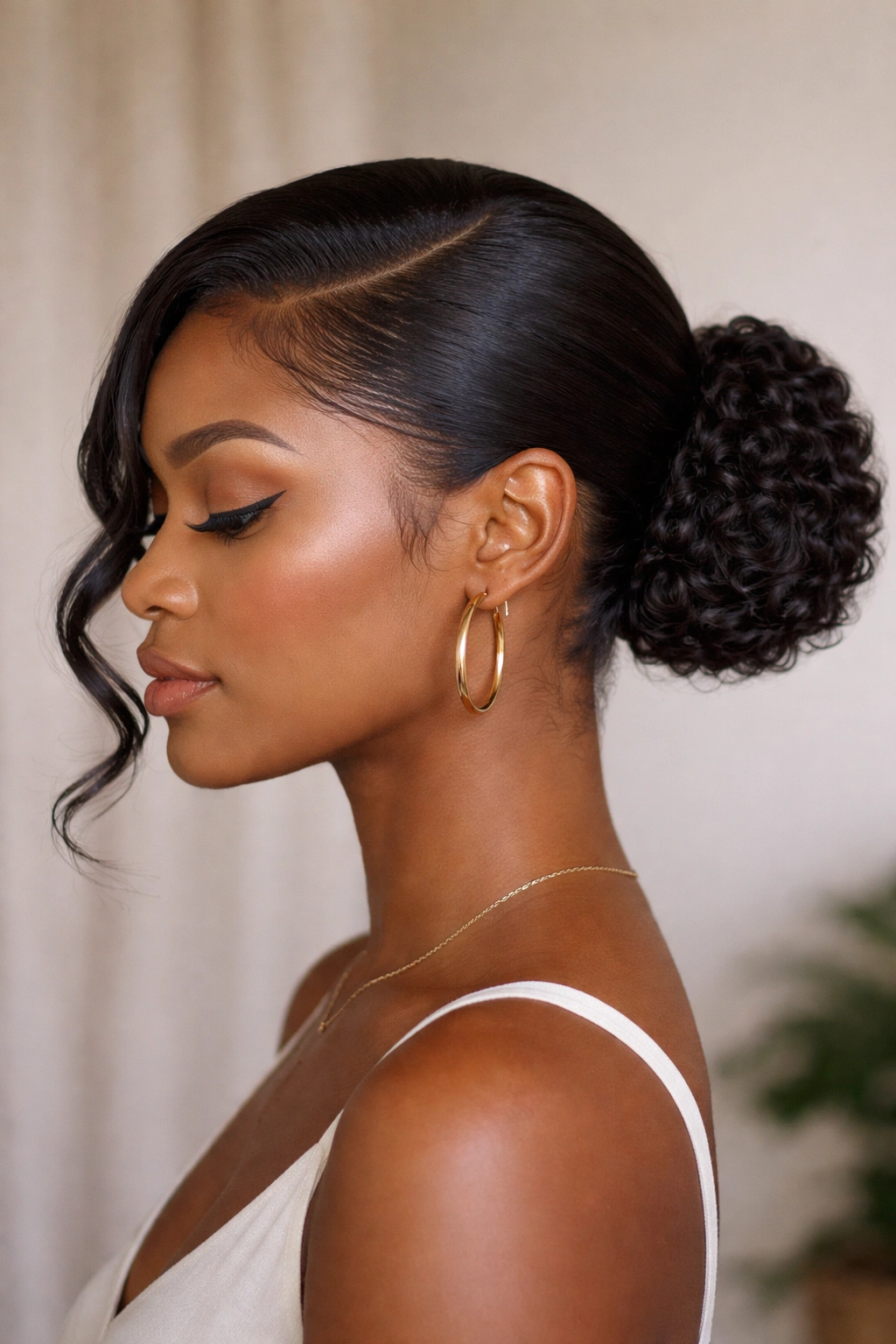 Close-up of The Sleek Swooped Bun with a swoop flowing into a back bun