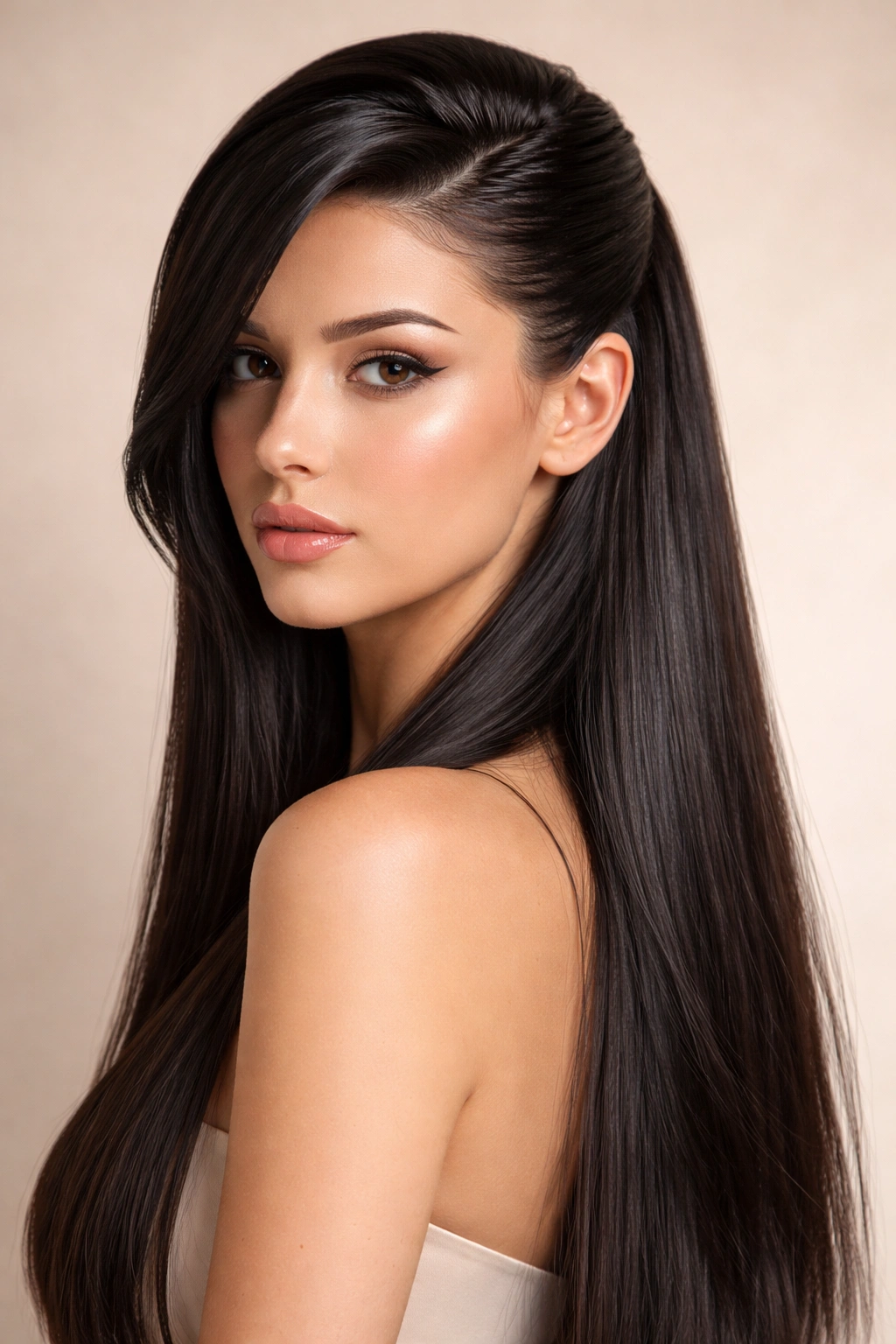 Sleek gel-swoop on straight hair with high shine