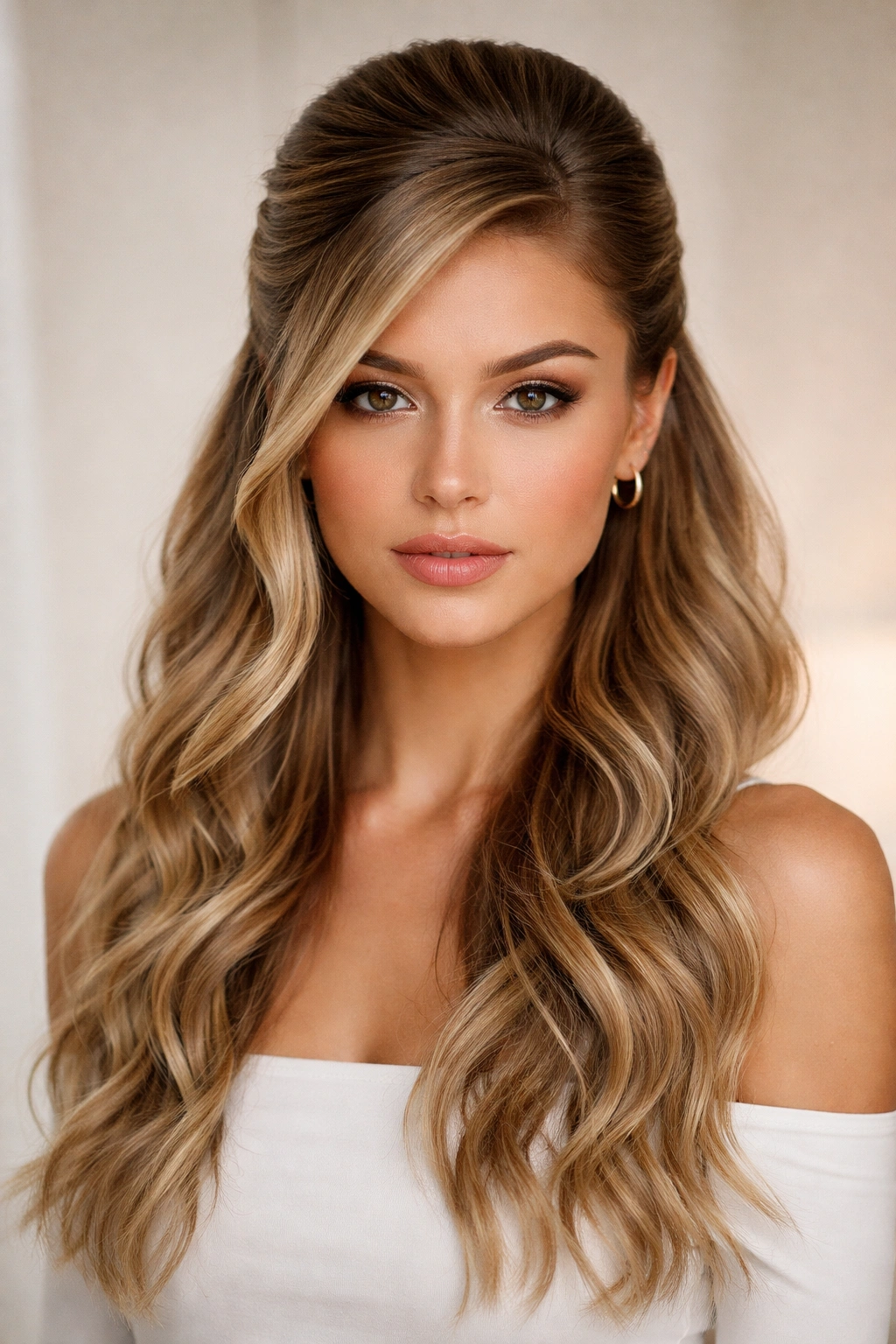 Half-up swoop with a smooth upper section and textured waves below.
