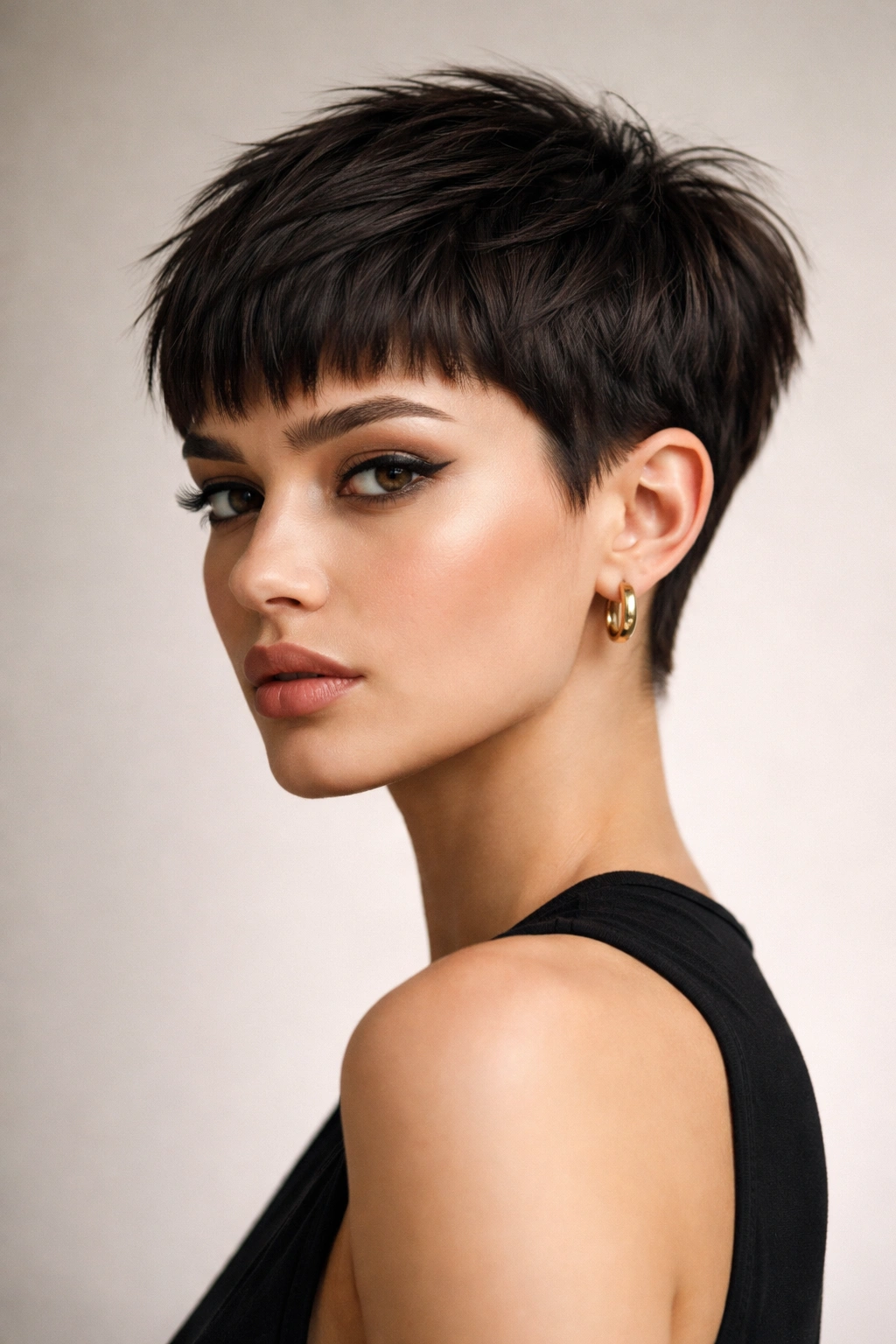 Portrait of a person with a sleek tapered pixie and micro bangs on thick wavy hair.