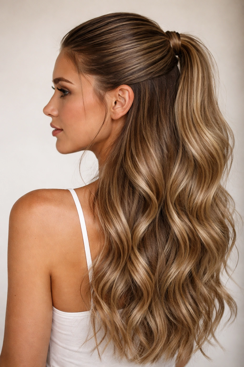 Sleek top half with textured lower half hairstyle from the side