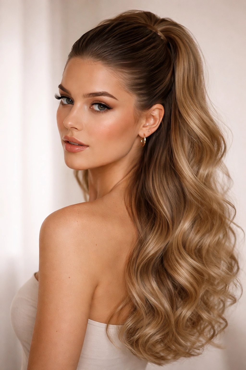 Side view of half-up with a sleek front and textured curls below