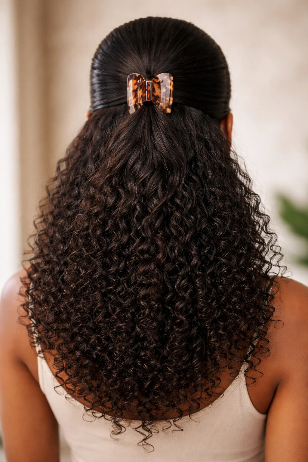 Back view of sleek top half-up with textured bottom half and claw clip