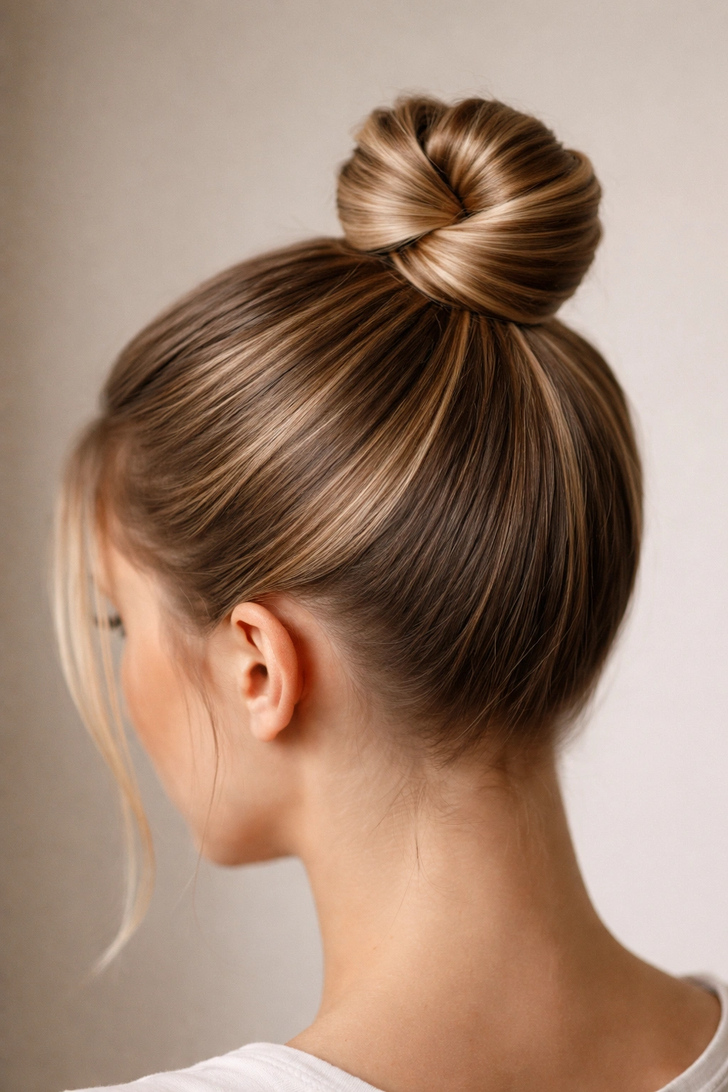 Close-up of Sleek Top Knot with hidden pins and smooth crown