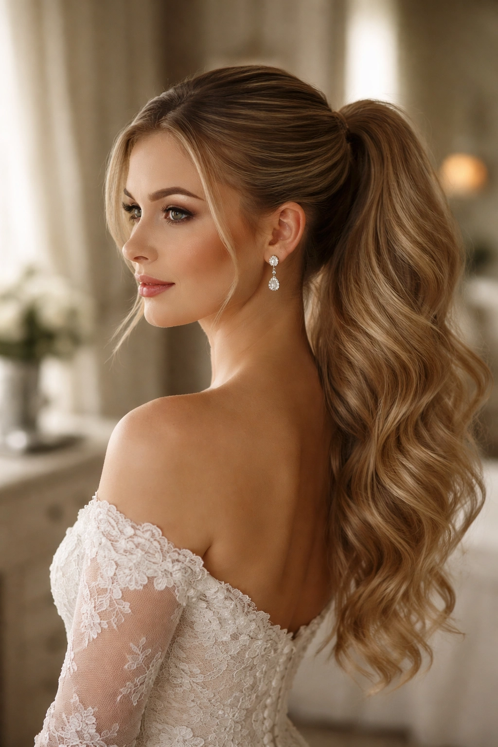 Sleek top ponytail with textured loose bottom for wedding photography