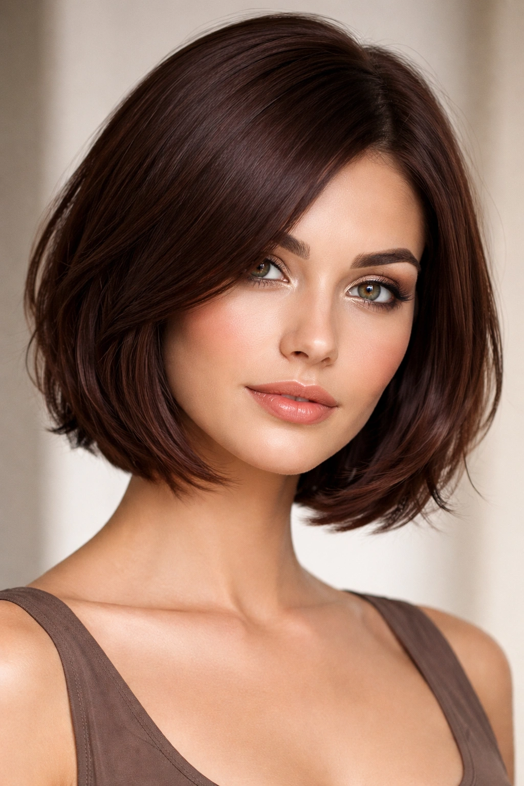 Sleek-on-top bob silhouette with hidden textured layers in deep mahogany