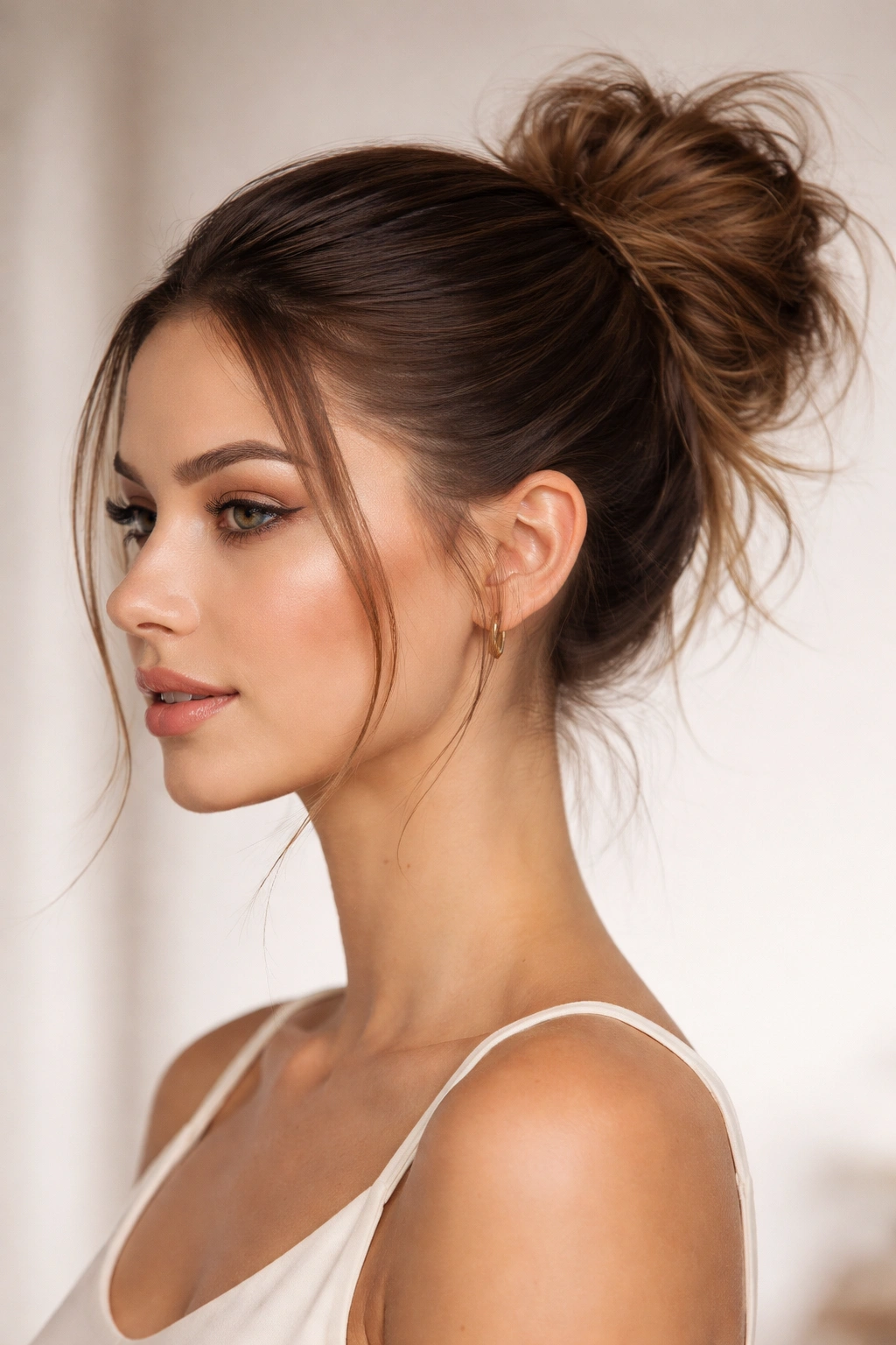 Front view showing sleek crown transitioning to a messy back bun.
