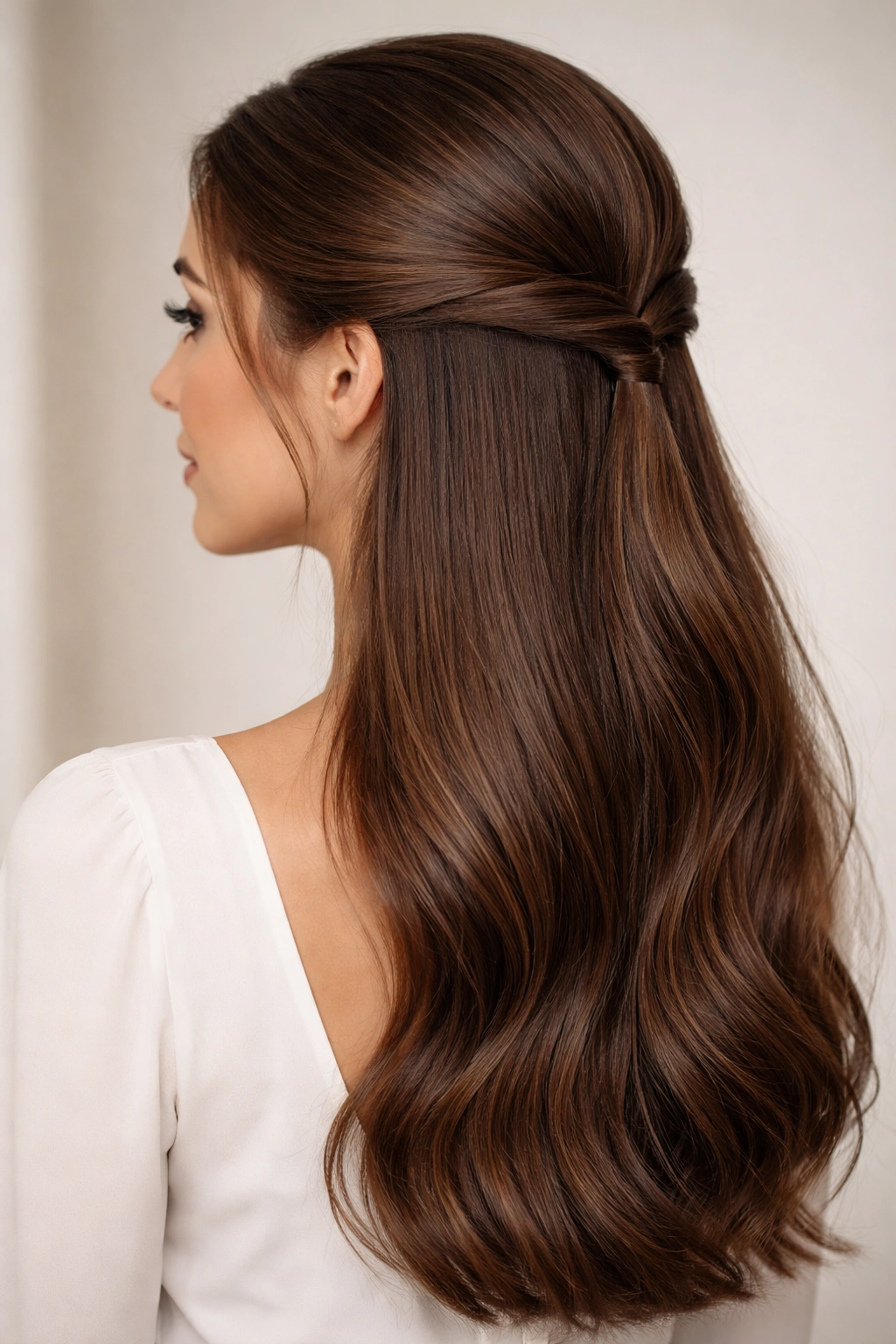 Sleek low half-up twist hairstyle with twists meeting at the nape