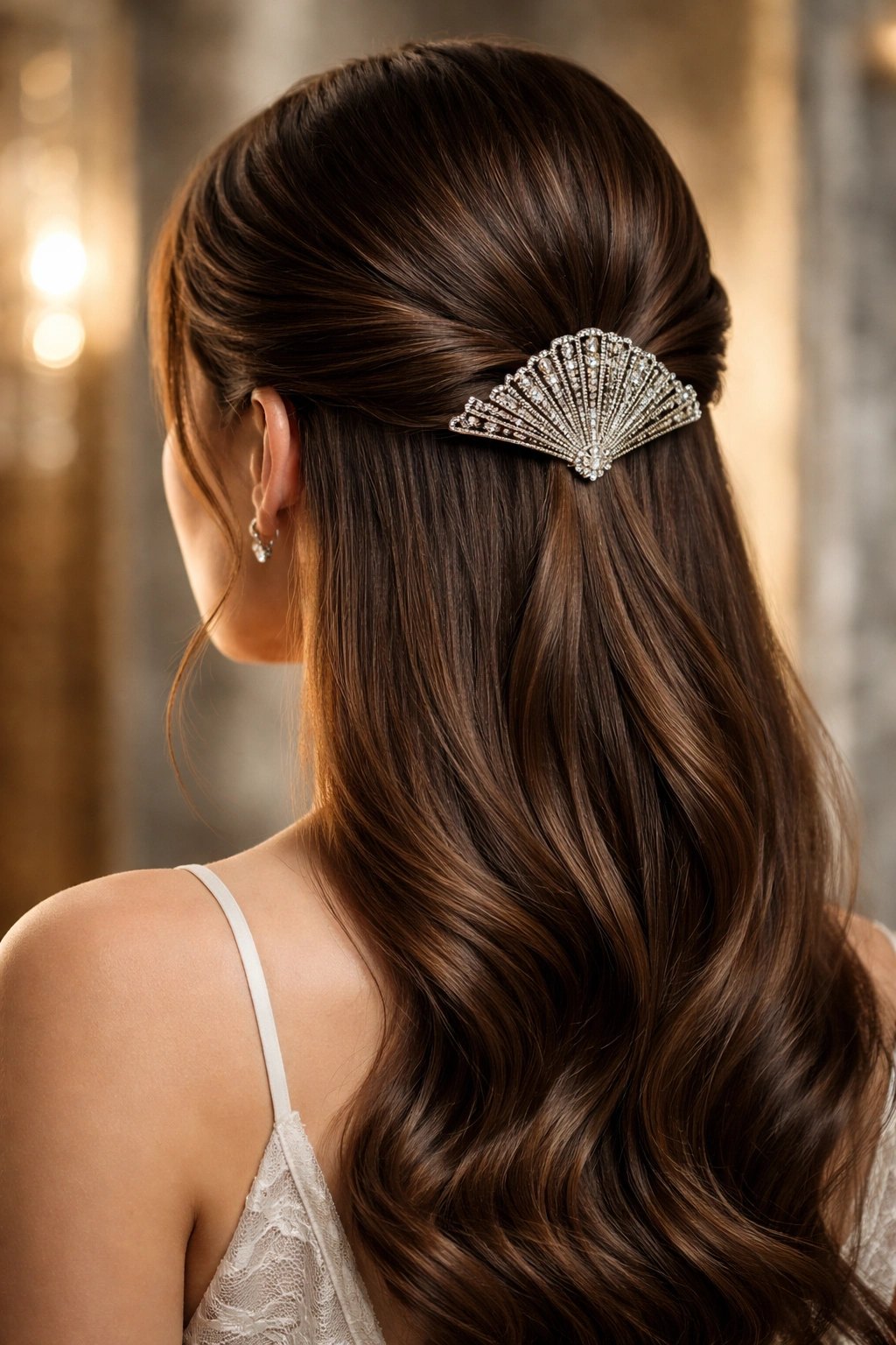 Sleek Twisted Half-Up with Art Deco Comb hairstyle featuring twisted sections and a geometric comb