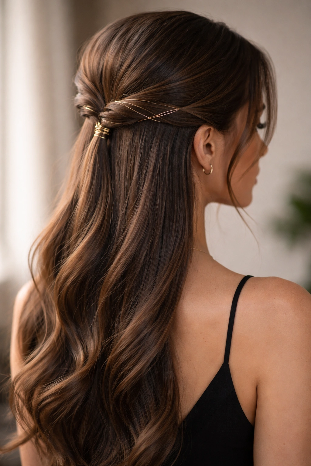 Sleek twisted half-up hairstyle with metallic accents visible