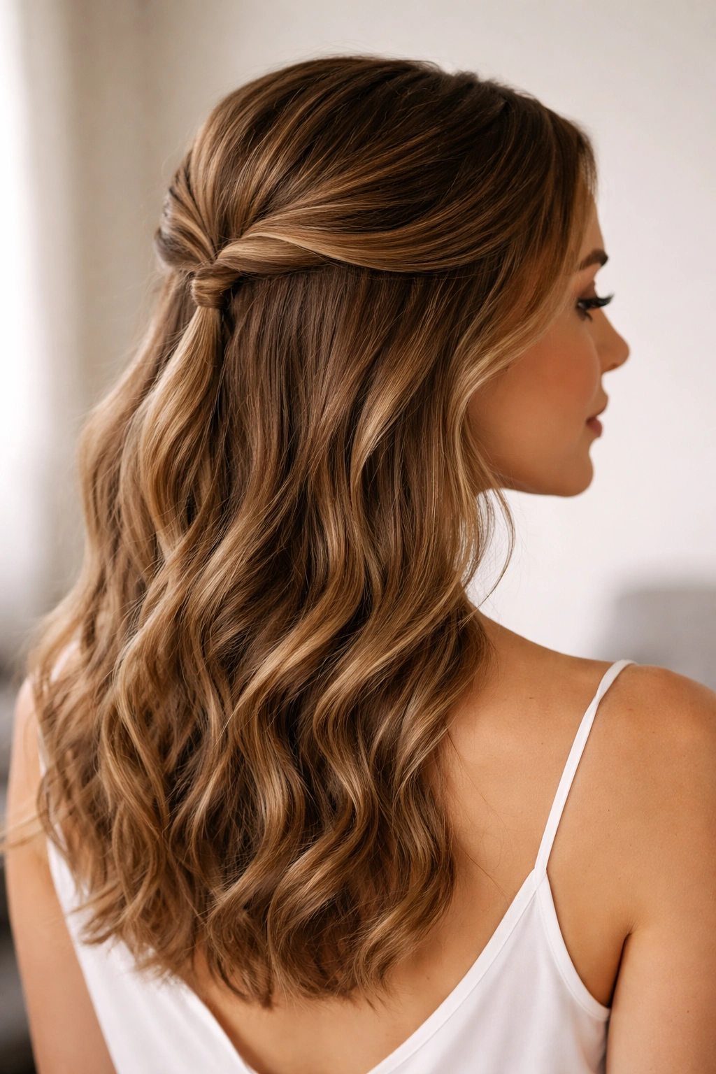 Close-up of a person with a sleek twisted half-up hairstyle, front twists secured at the crown with smooth wave texture