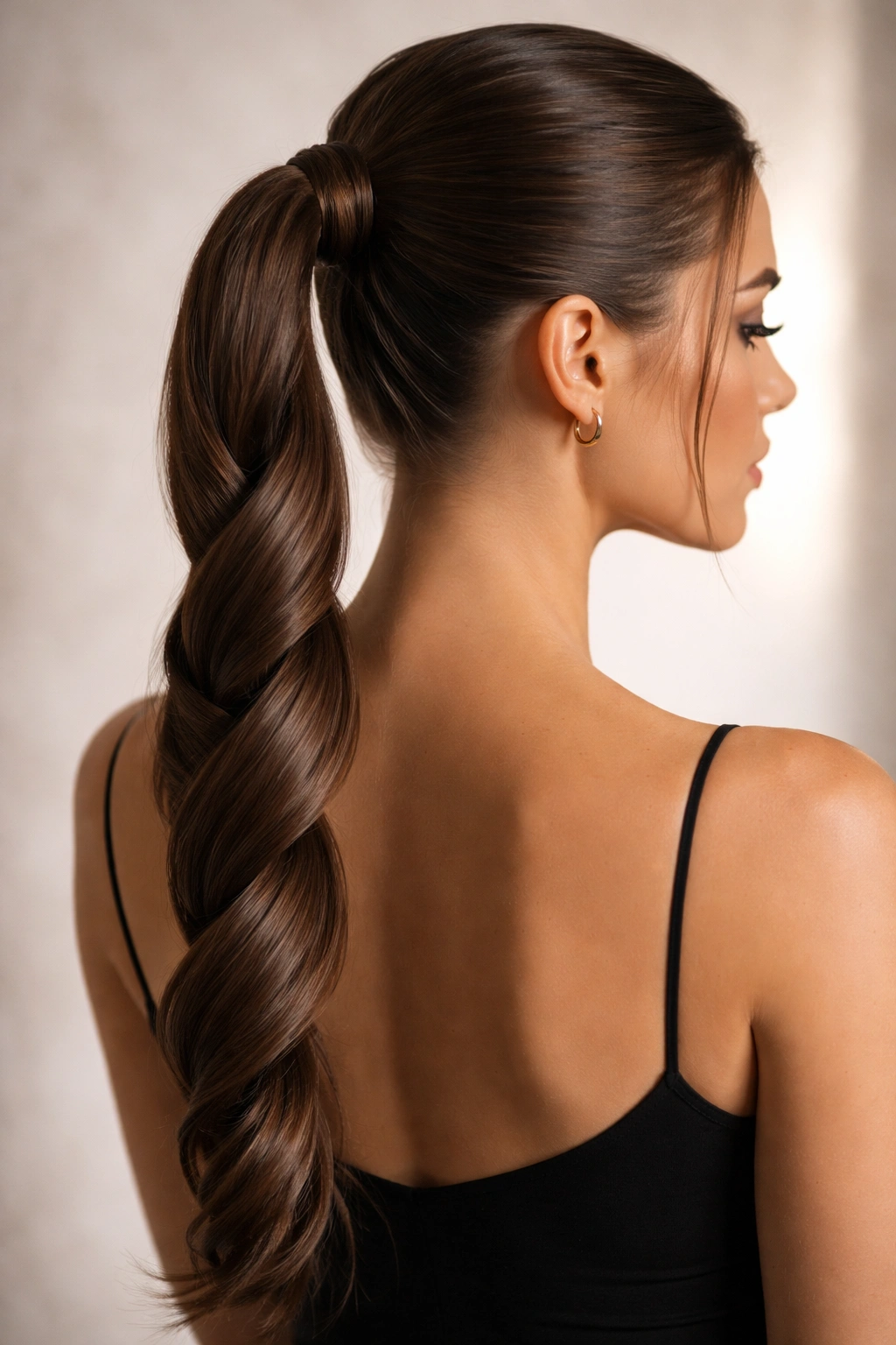 Twisted ponytail with rope-like twist and glossy finish