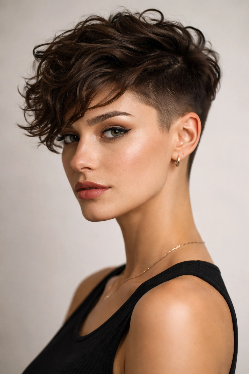 Frontal view of a sleek undercut wavy pixie showing top texture and sharp sides.