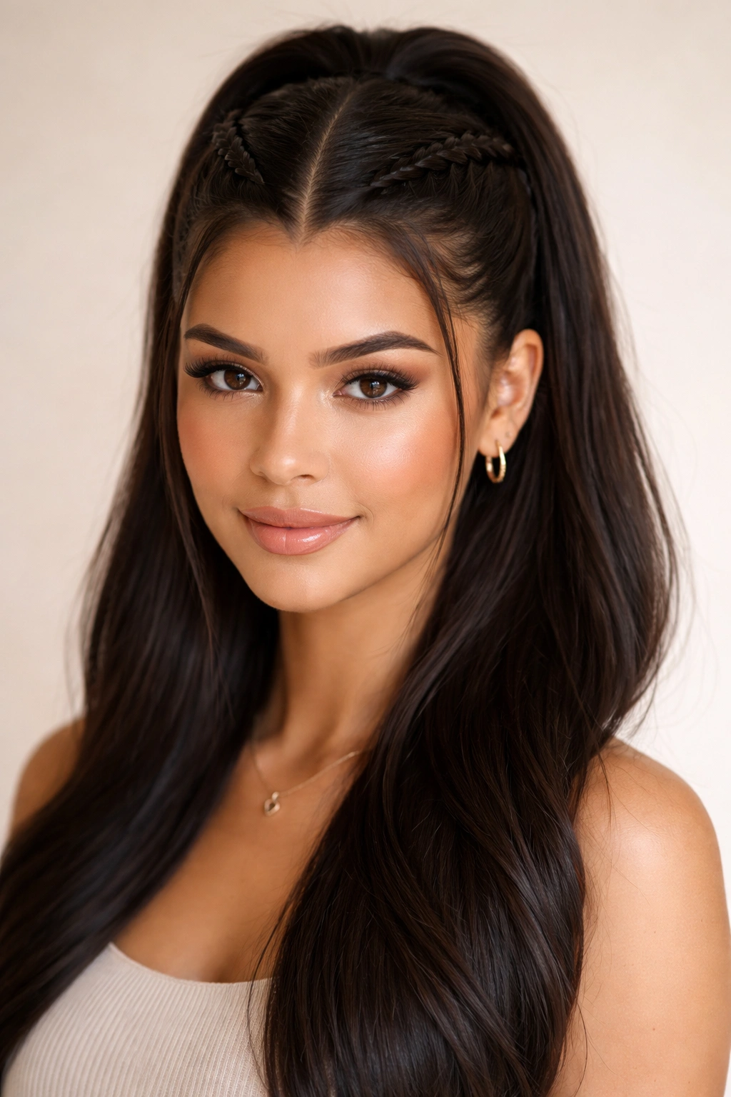 Sleek V Part with braided crown hairstyle featuring two simple braids meeting at the back