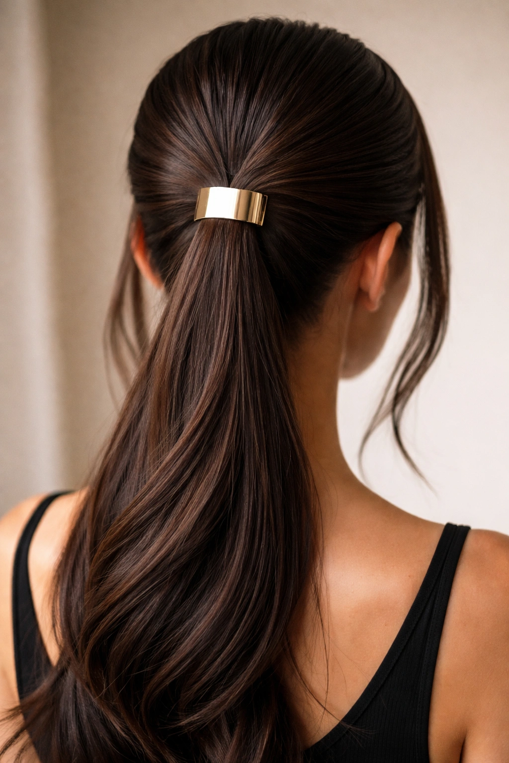Sleek V-part hairstyle with face-framing pieces and metallic clip