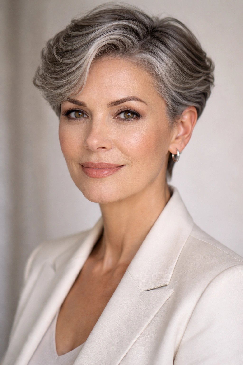 Close-up portrait of a mature woman with a sleek wave crop in a neutral studio.