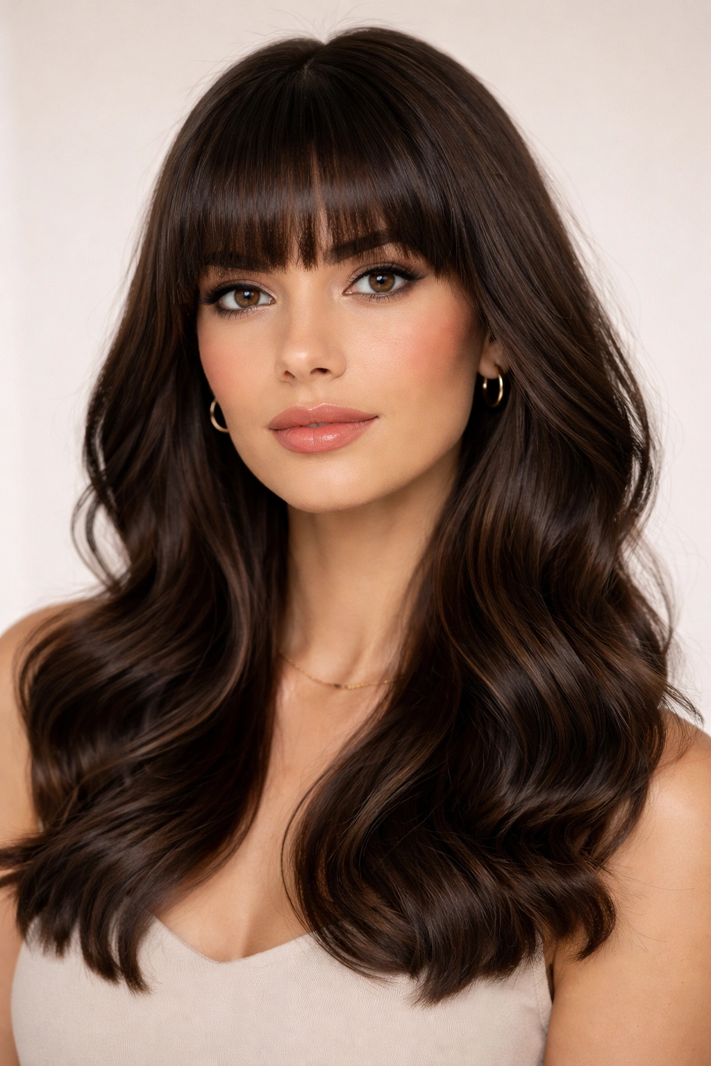 Close-up of sleek, glossy waves with straight-across bangs at eyebrow length