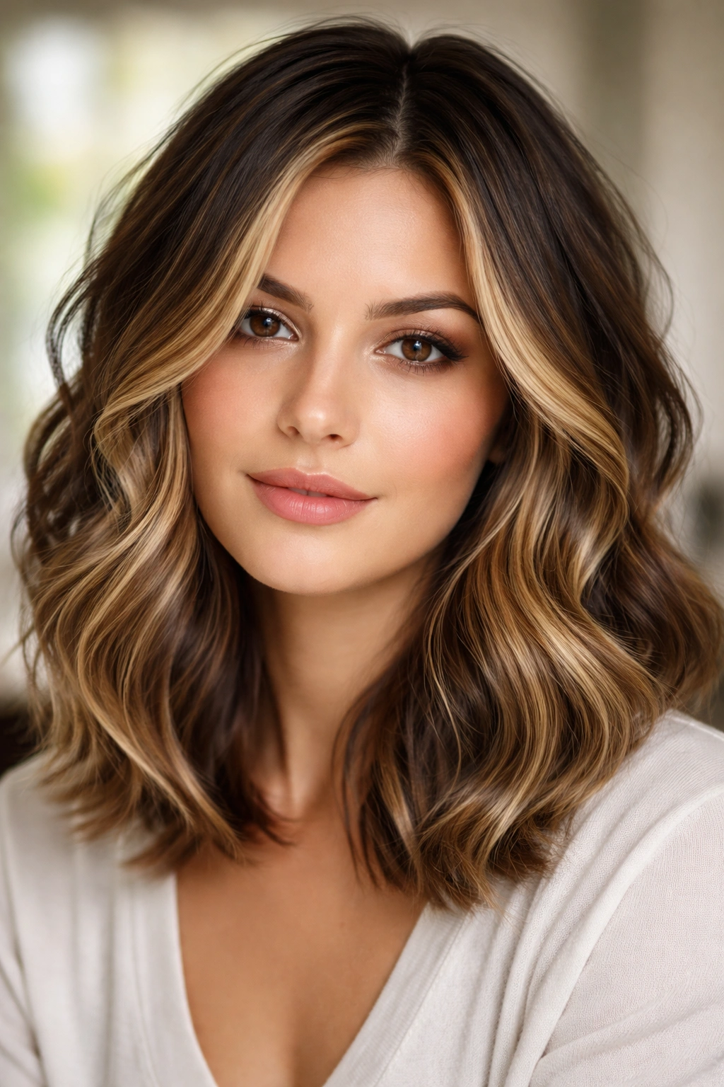 Sleek waves with face-framing balayage in a short layered cut.