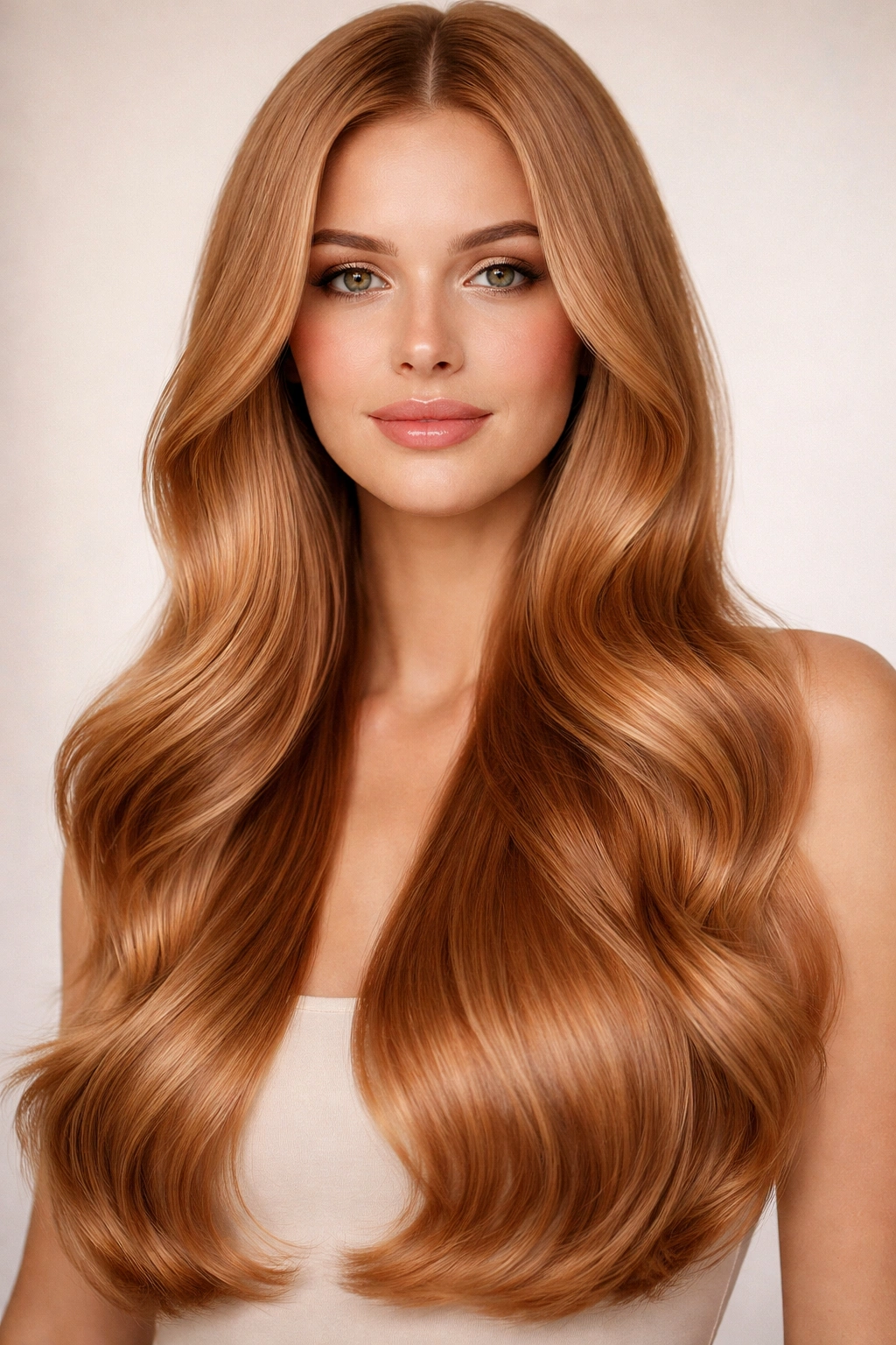 Sleek glossy waves with minimal layers in strawberry-blonde hair