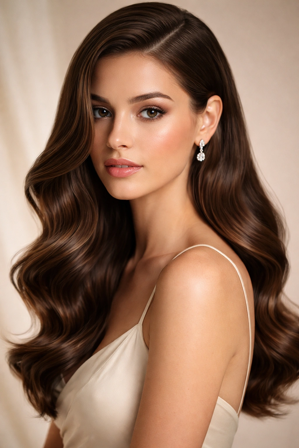 Glossy sleek waves with a deep side part