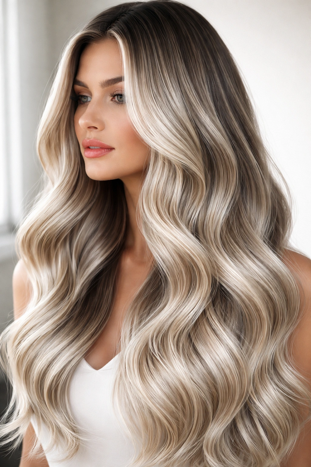 Sleek defined waves with platinum balayage and glossy finish