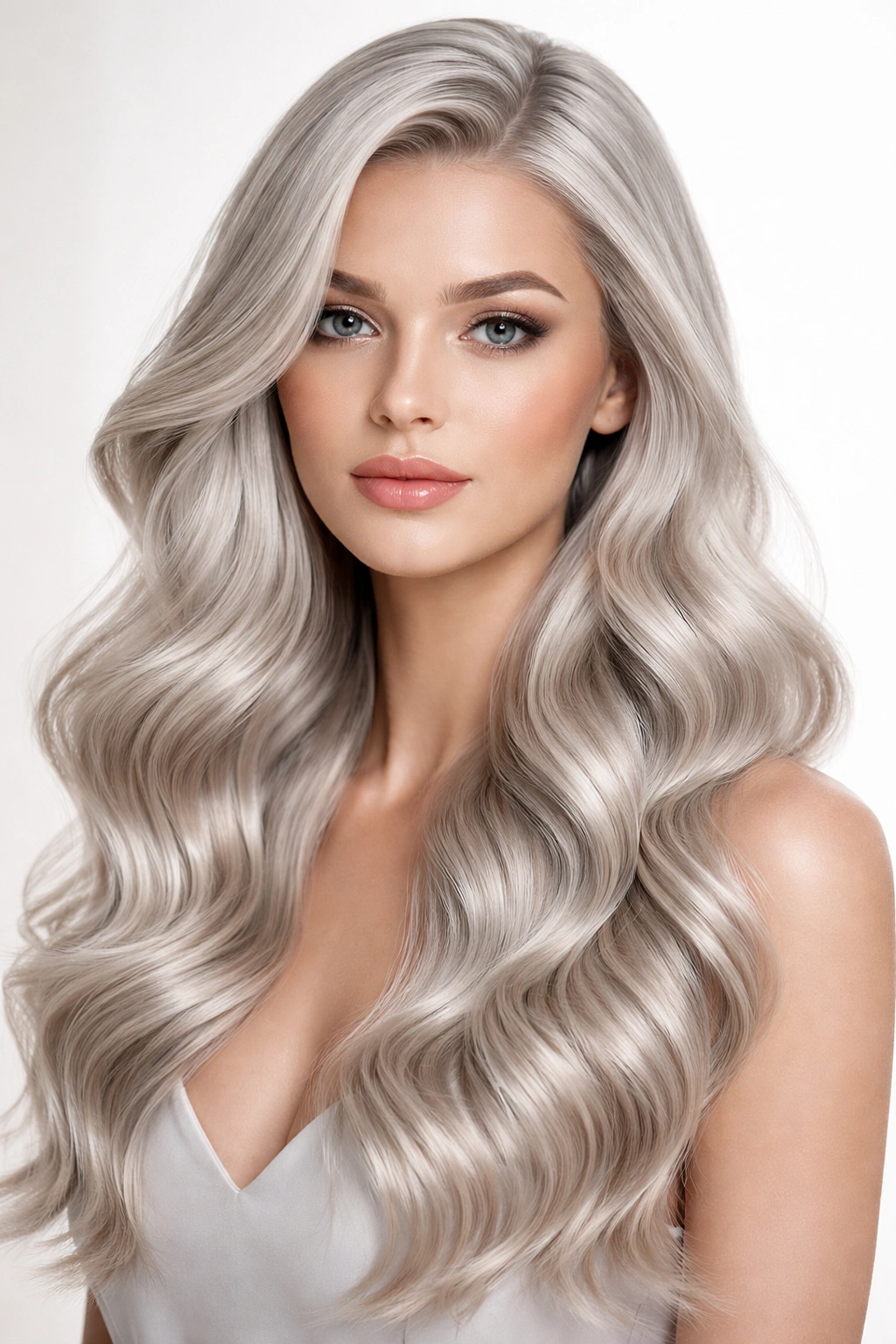 Silky, smooth, glossy waves in silver hair