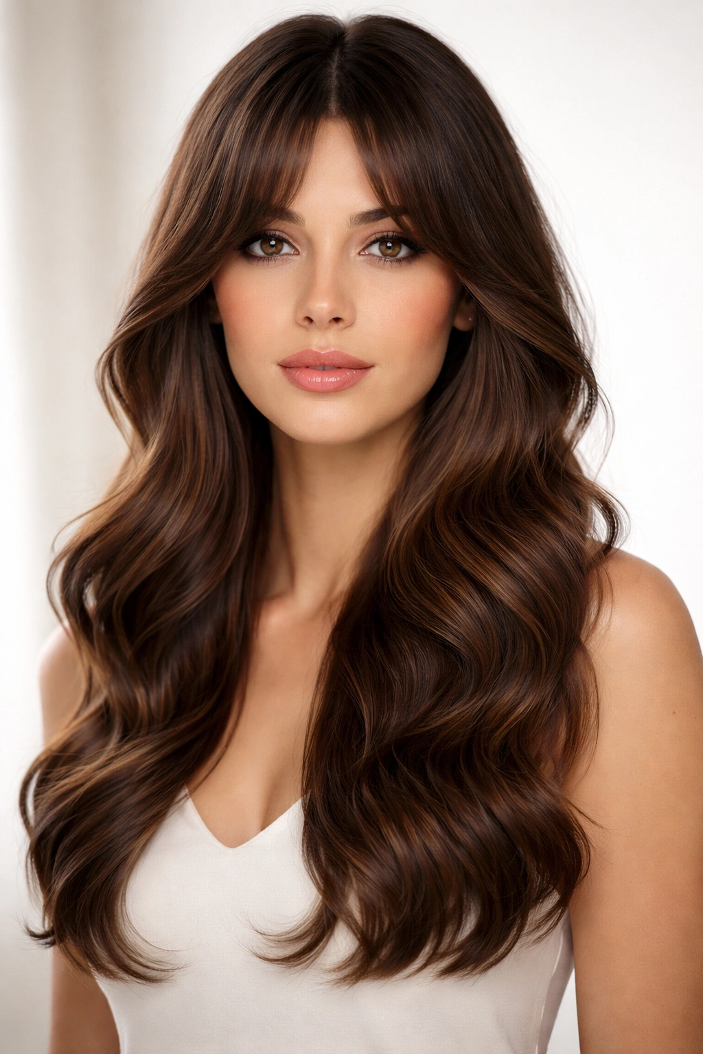 Polished sleek wavy hair with curtain bangs and face-framing layers