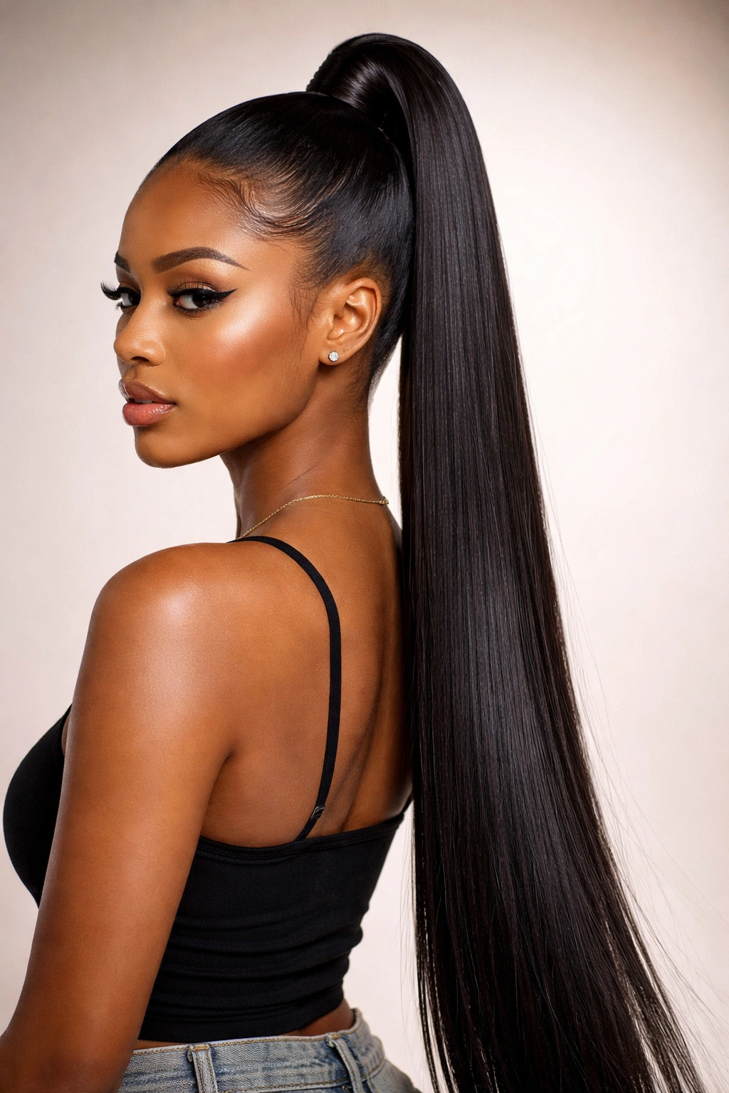 Close-up of a glossy elongated high weave ponytail hanging from a crown