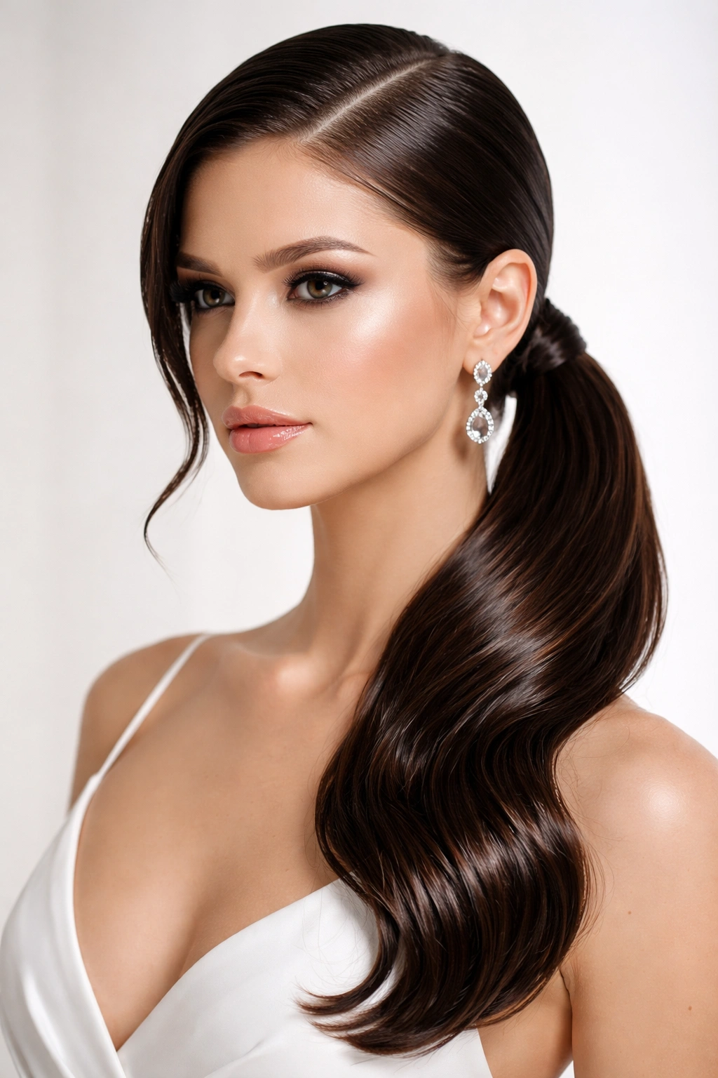 Sleek wet-look side ponytail with high shine for modern wedding style
