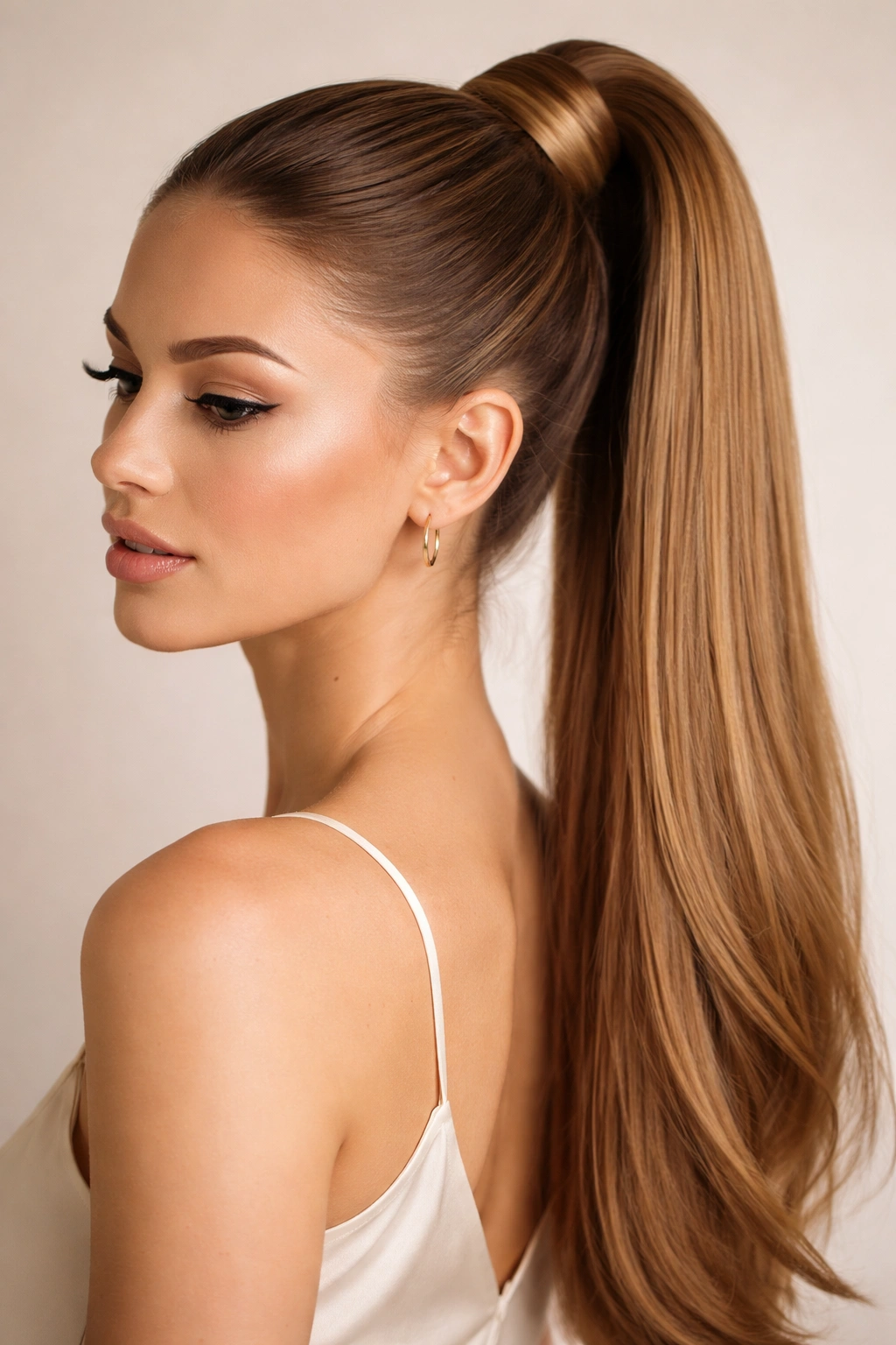 Sleek wrapped high ponytail with concealed elastic