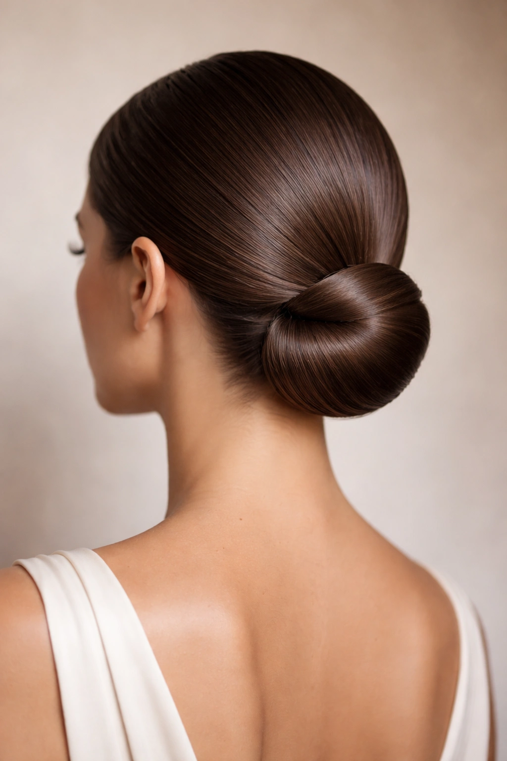 Low wrapped updo with a smooth, sleek knot at the nape of the neck