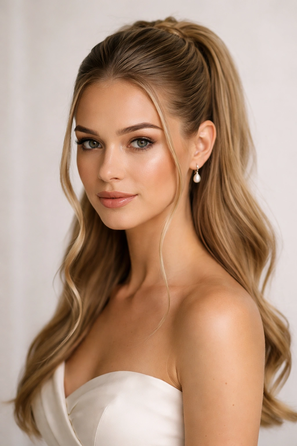 Bridal slick-back hairstyle with face-framing pieces and a crown half-up ponytail