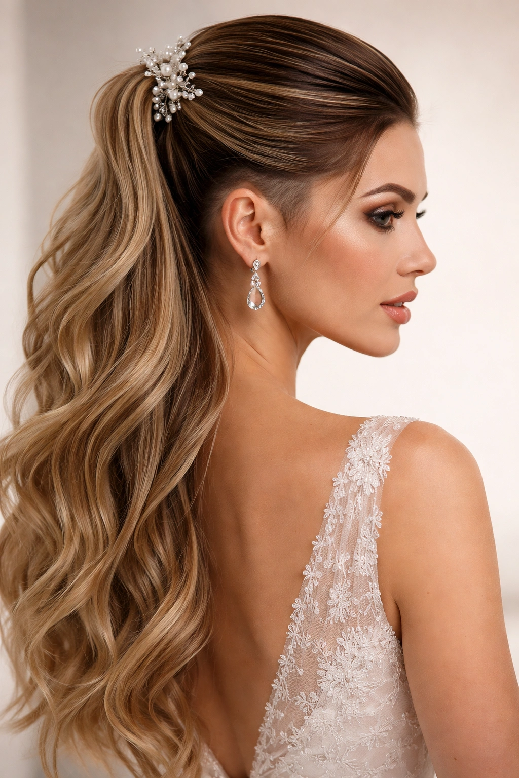 Half-up hairstyle with slicked top and hidden shaved underside