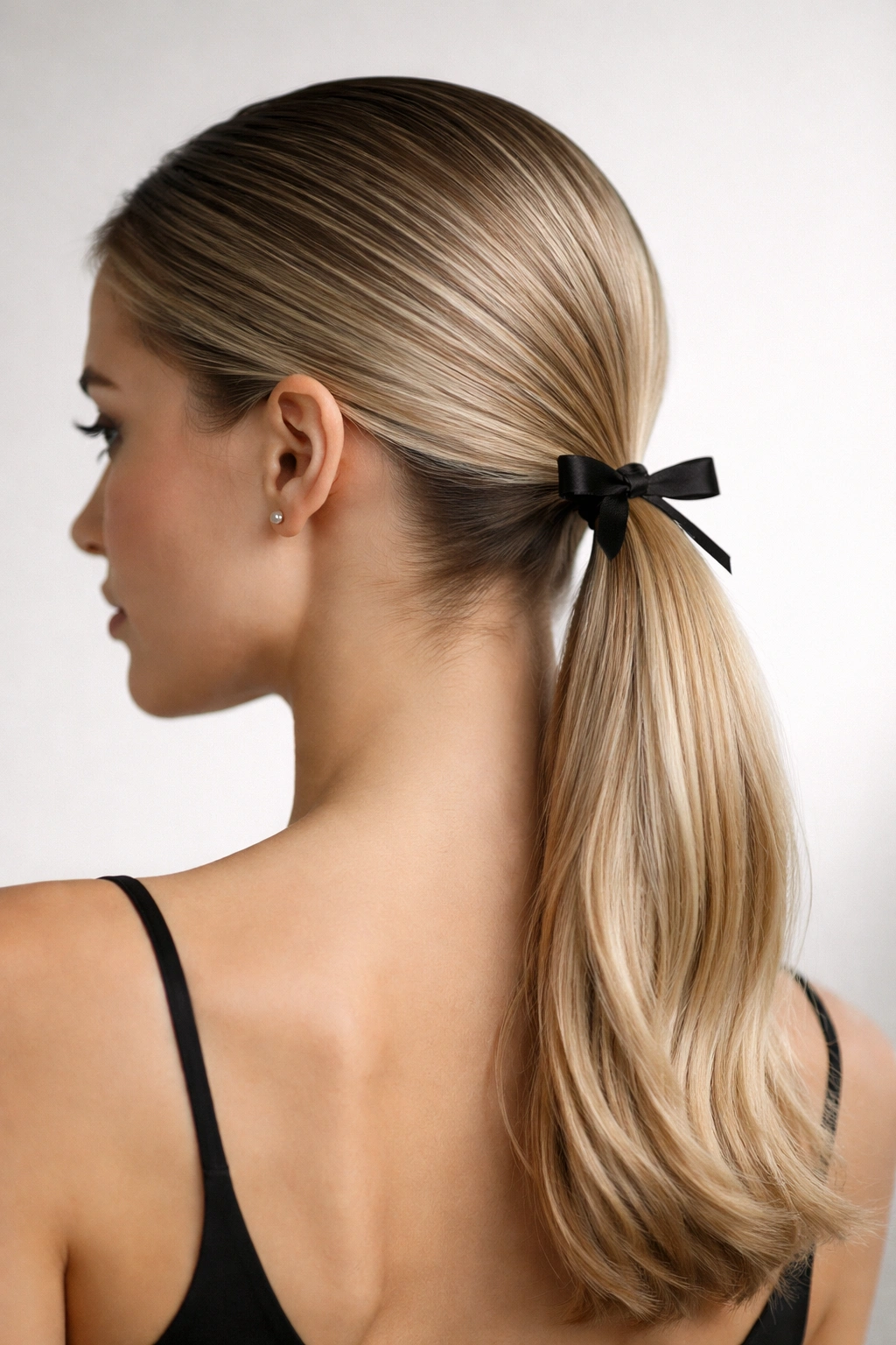 Slicked-back low ponytail with minimalist bow