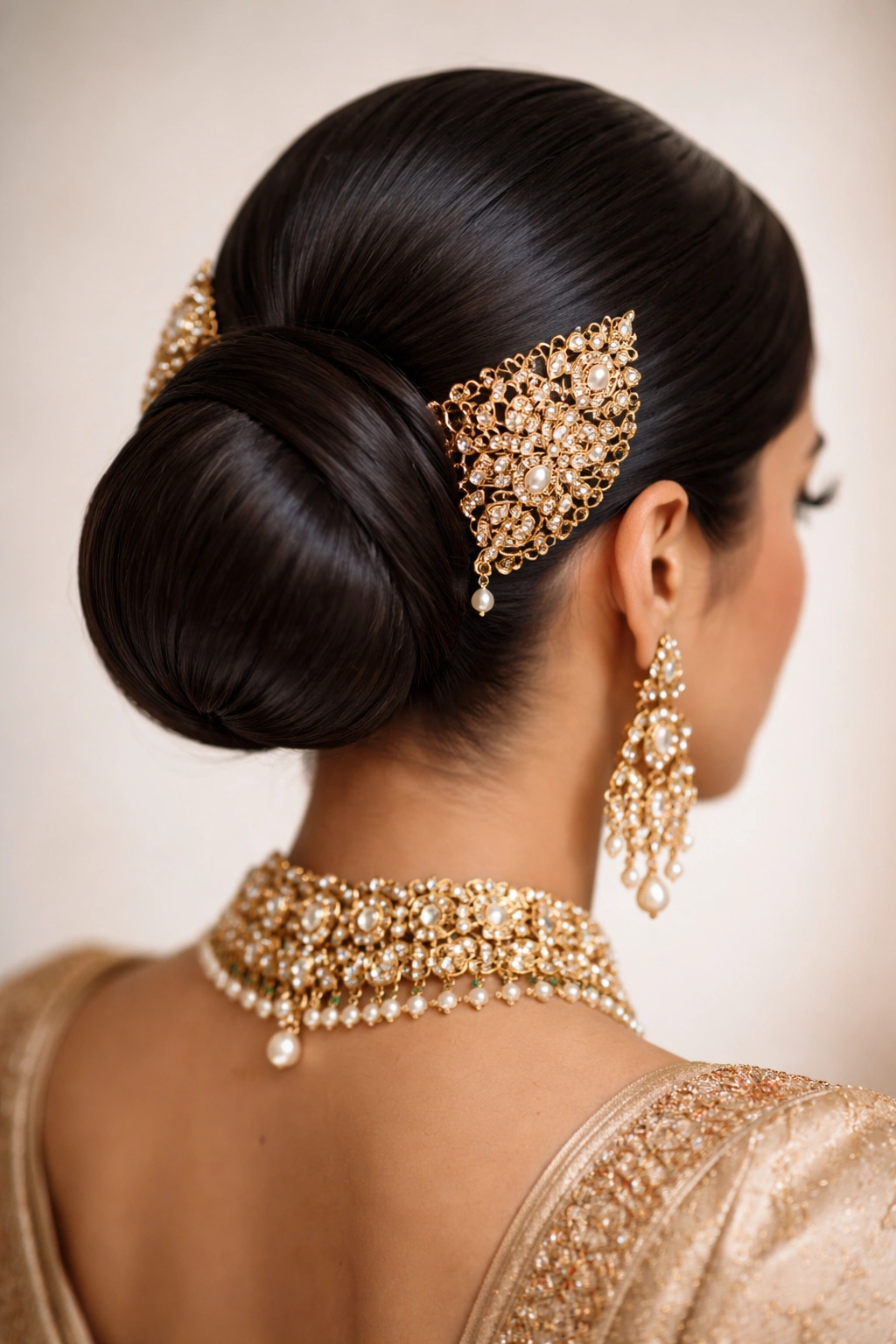 Slicked-back bun with decorative combs on the sides