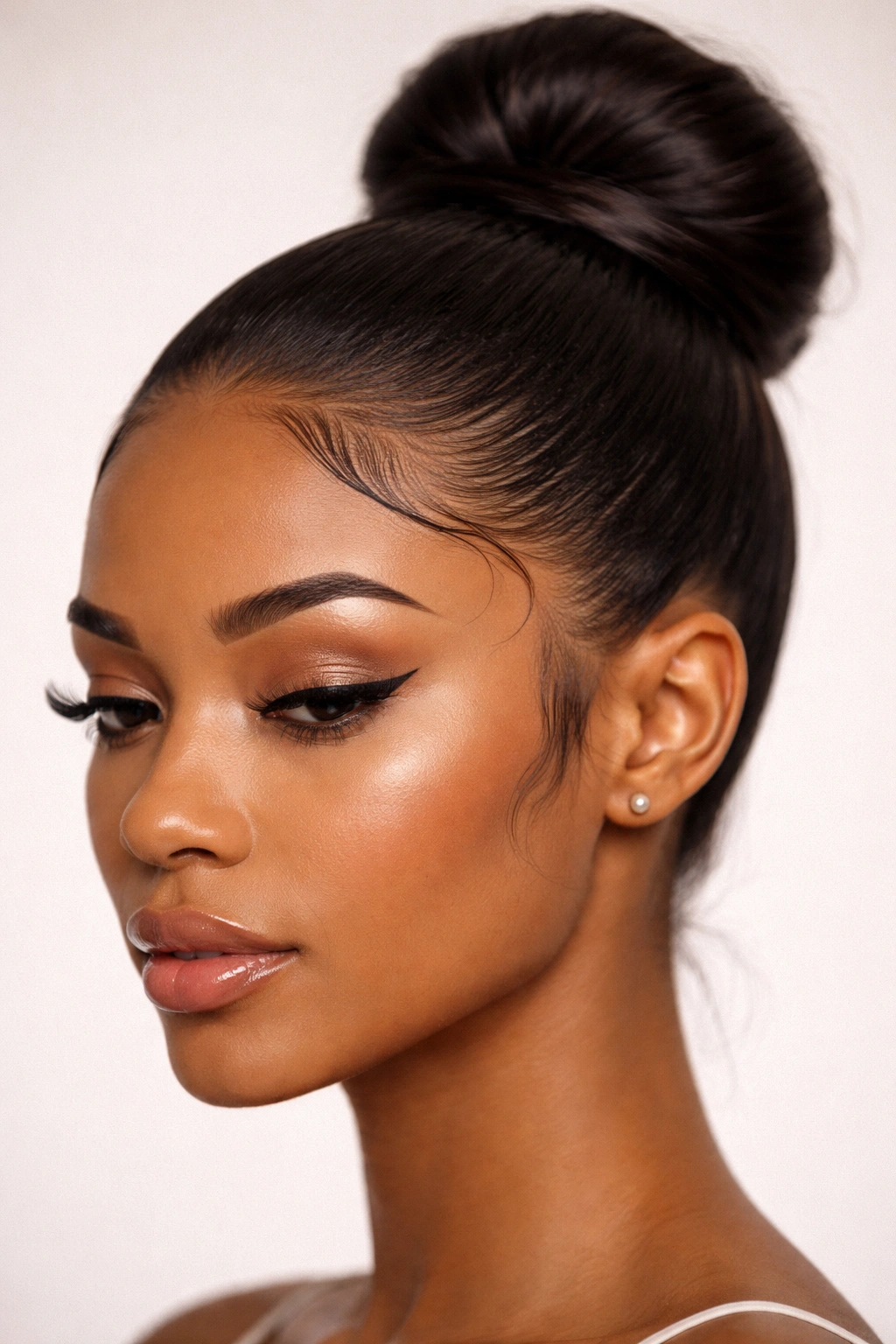 Close-up of a straight hairstyle with a sleek high bun and crisply defined edges