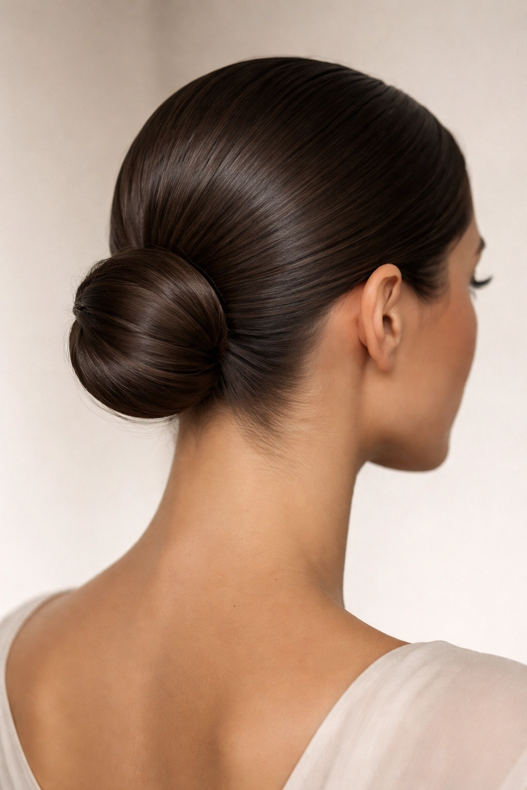 Low slicked-back bun with perfectly smooth hair and neat edges