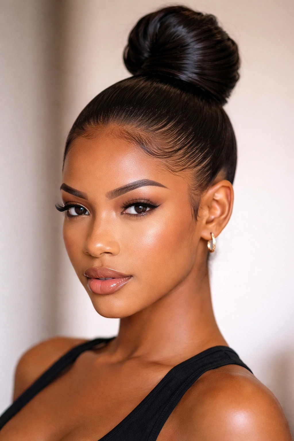 Front view of a slicked-back high bun ponytail with glossy gel