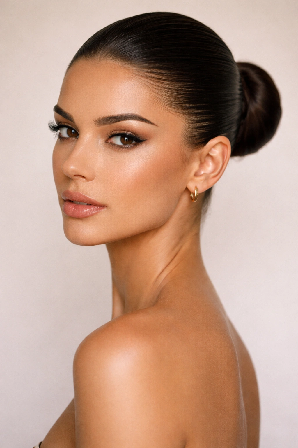Slicked-back bun with straight, glossy finish