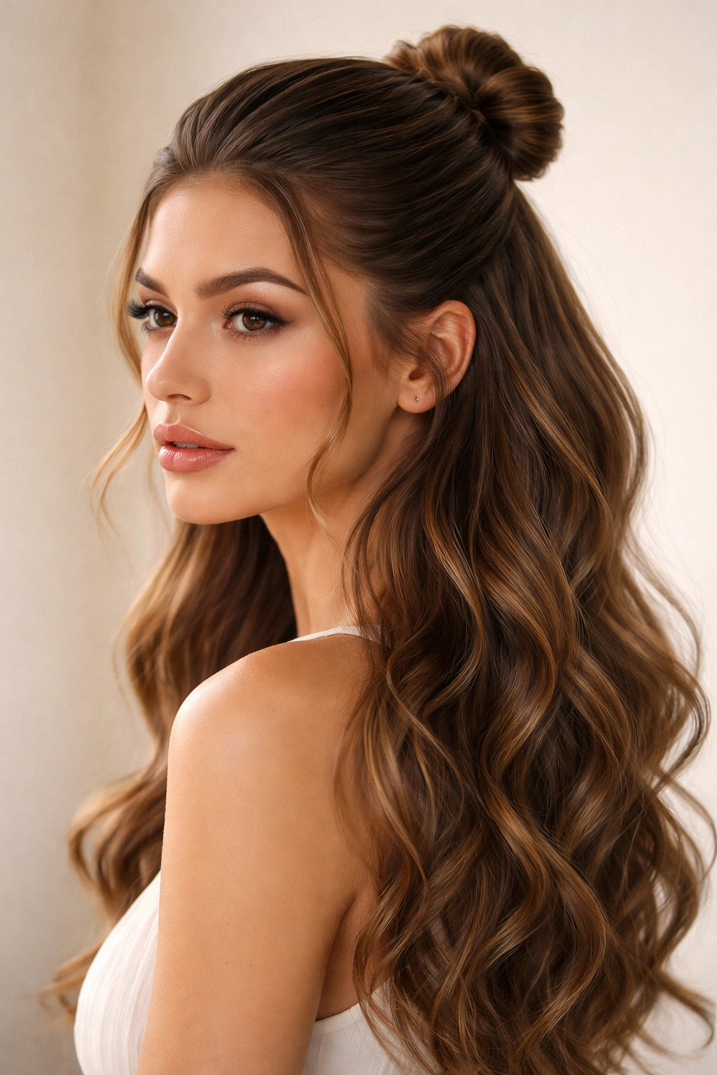 Close-up of a slicked-back bun hybrid hairstyle with loose waves at the bottom