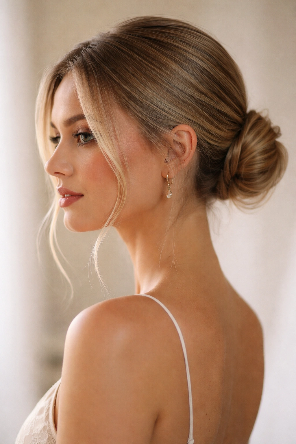 Low textured bun with wispy face-framing strands